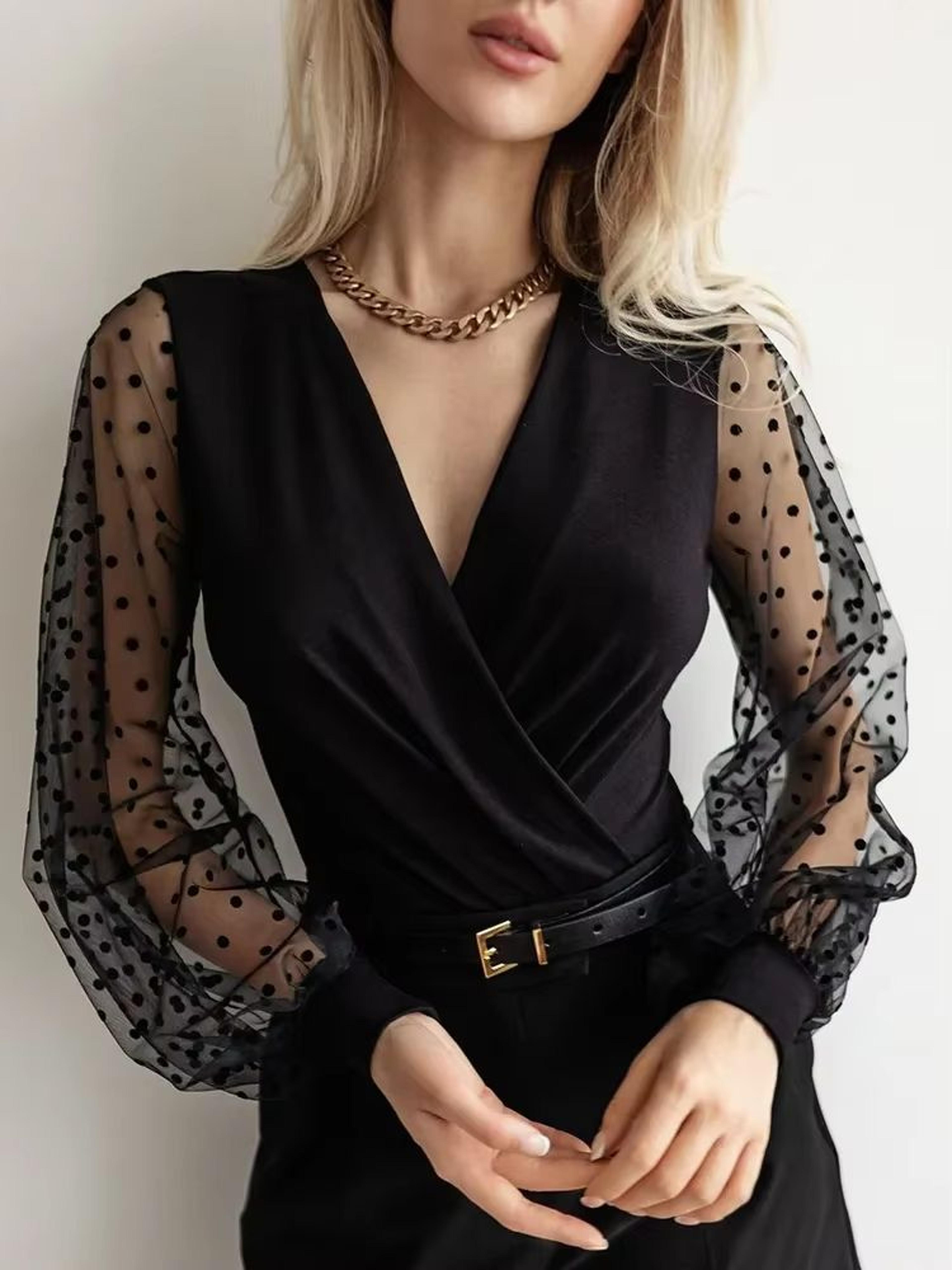 elegant polka mesh women's long sleeve stretch bodysuit with balloon sleeves