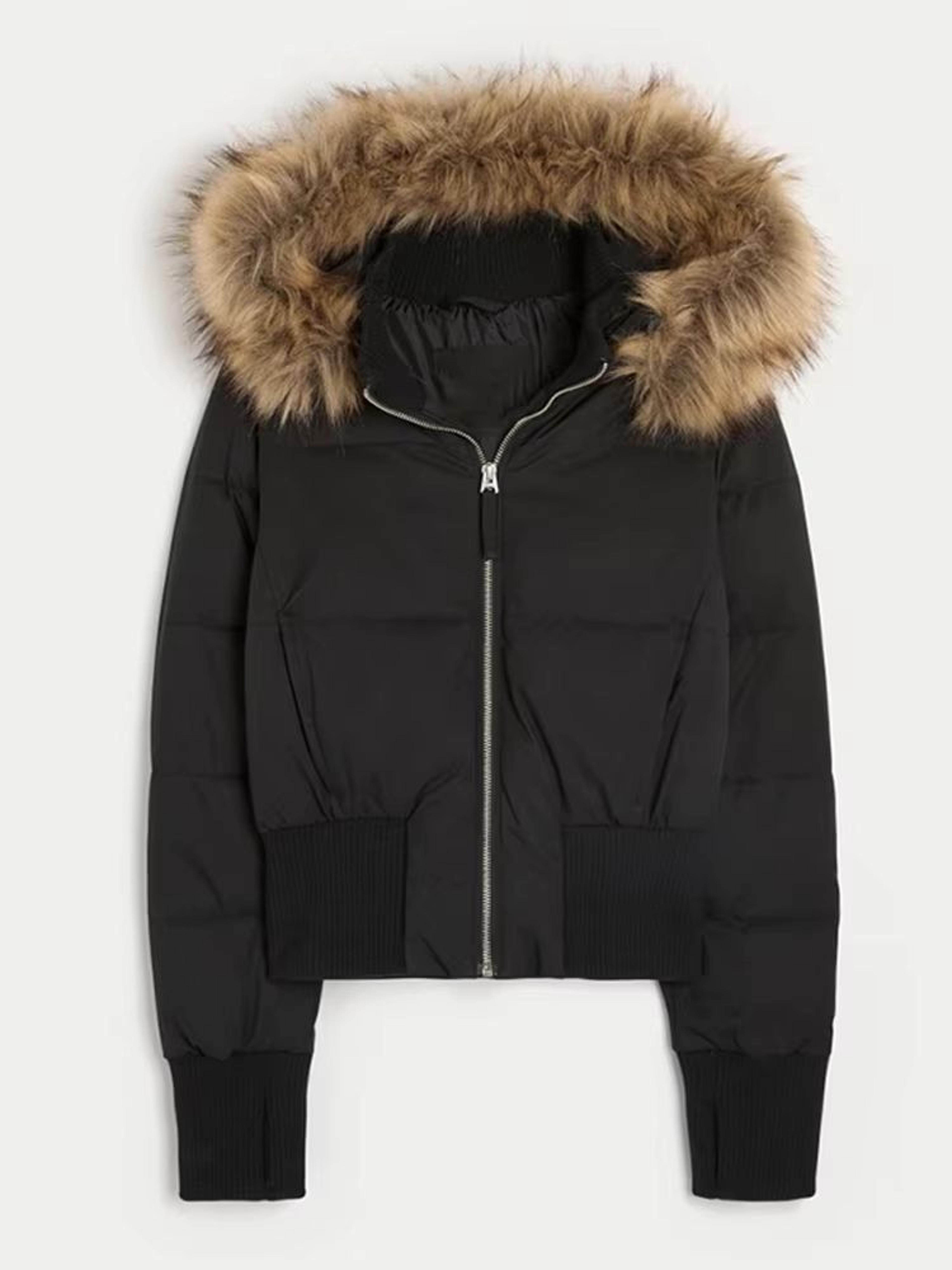 chic cropped women's faux fur hooded quilted jacket with zipper pockets