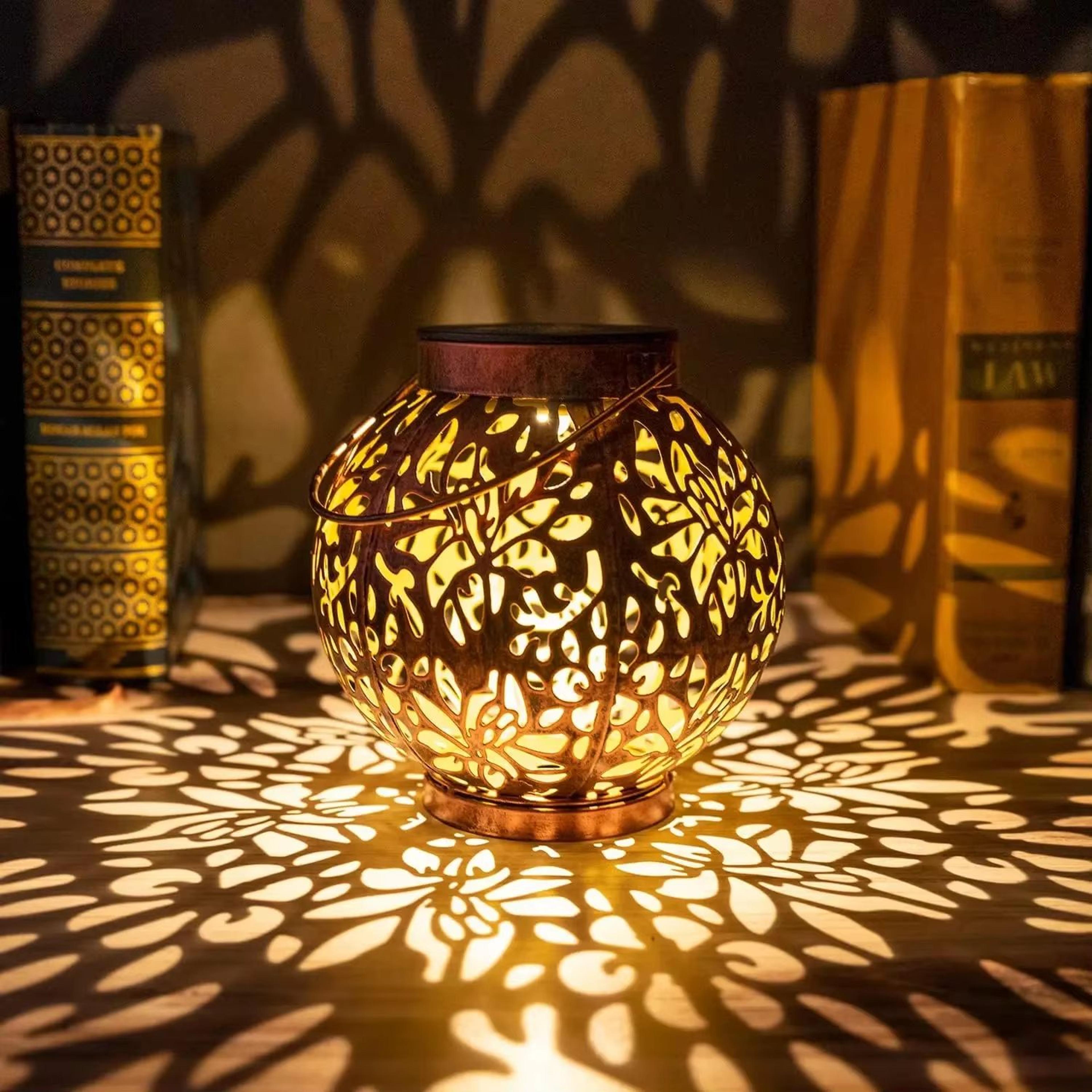 solar metal hanging lantern hollow projection led garden light decor