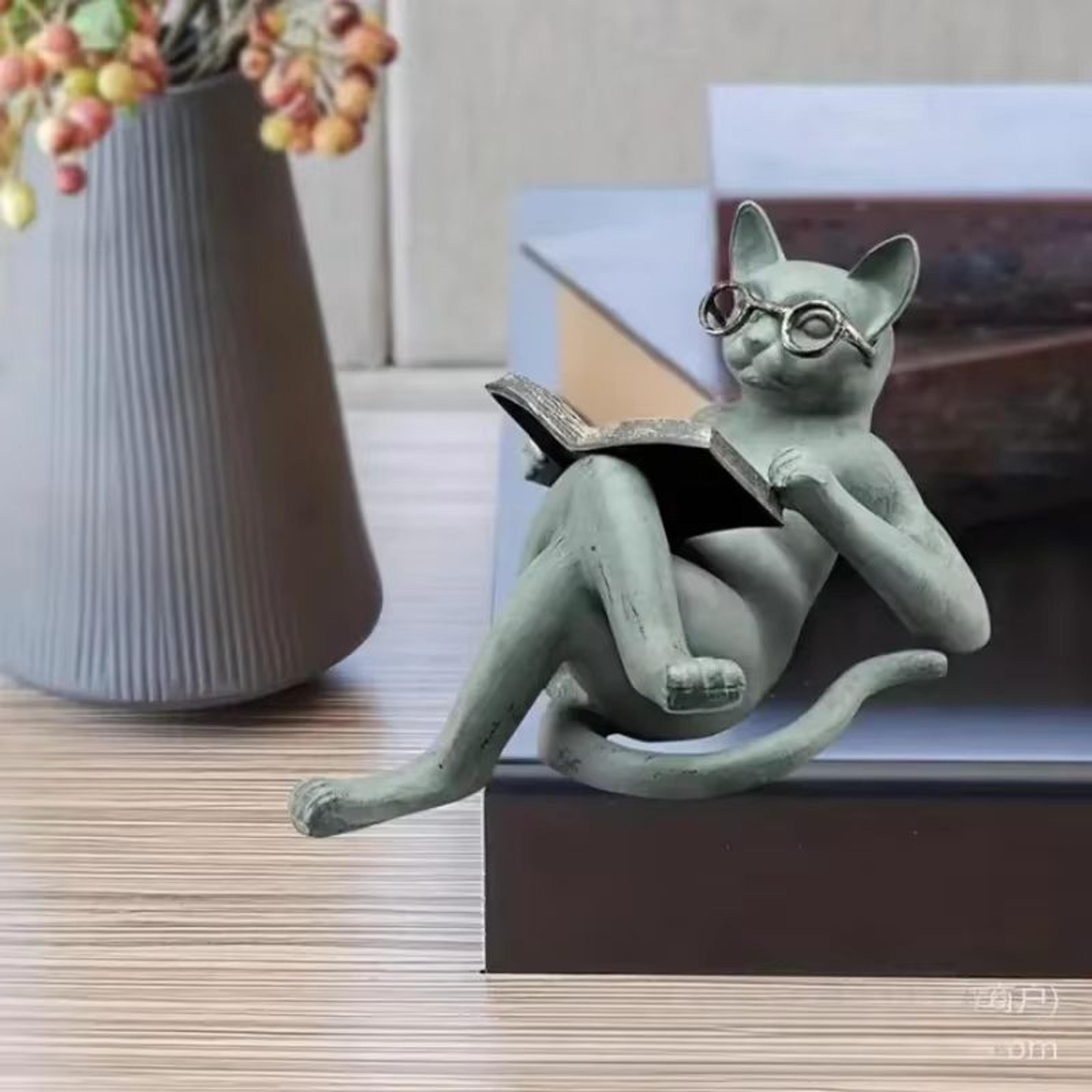 reading cat statue book lover desk and bookshelf decor