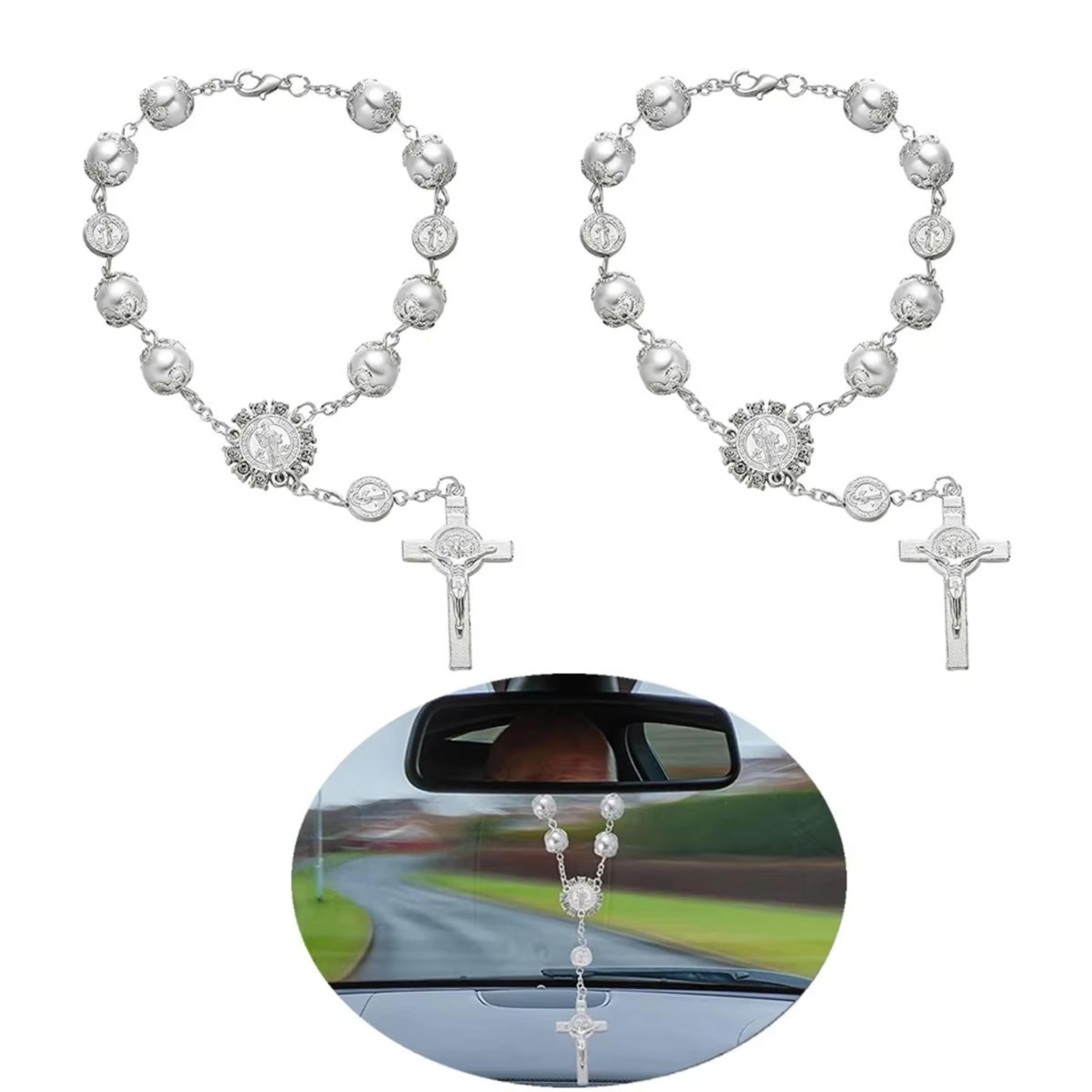 retro pearl cross car hanging ornament elegant rearview mirror car charm