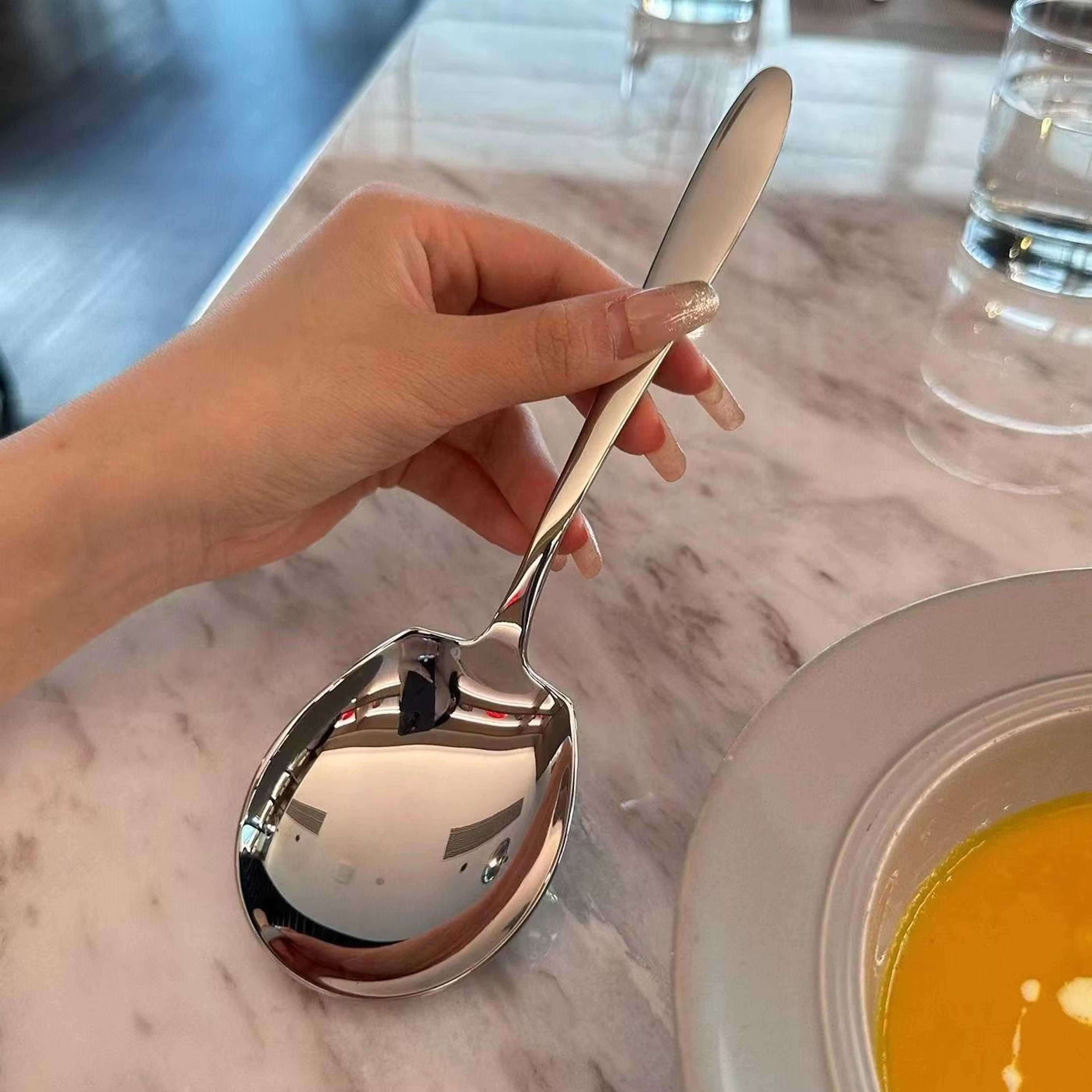 large stainless steel round spoon for dining, stirring, and serving