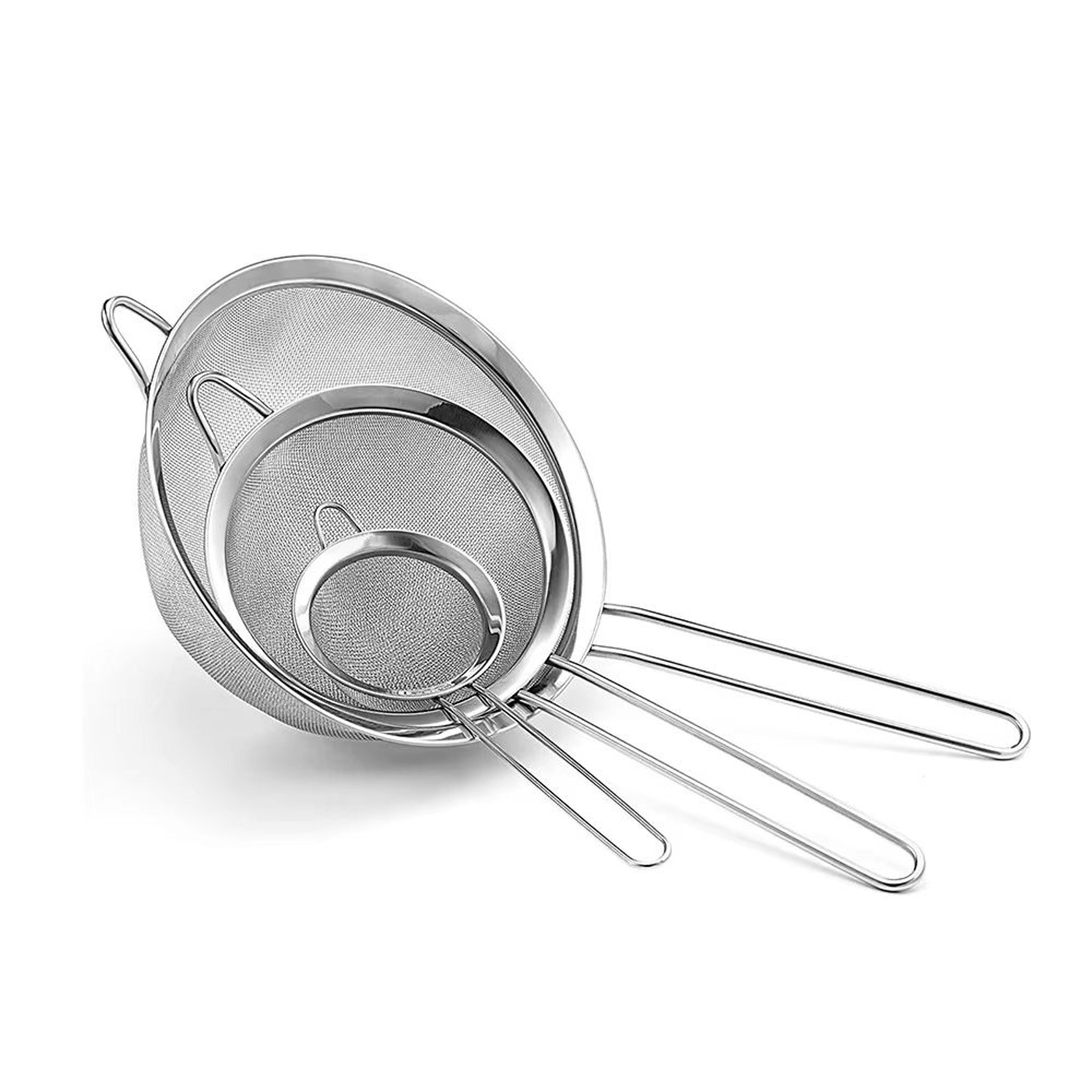 3pcs stainless steel fine mesh strainer set multipurpose flour sifter and kitchen sieve with handle