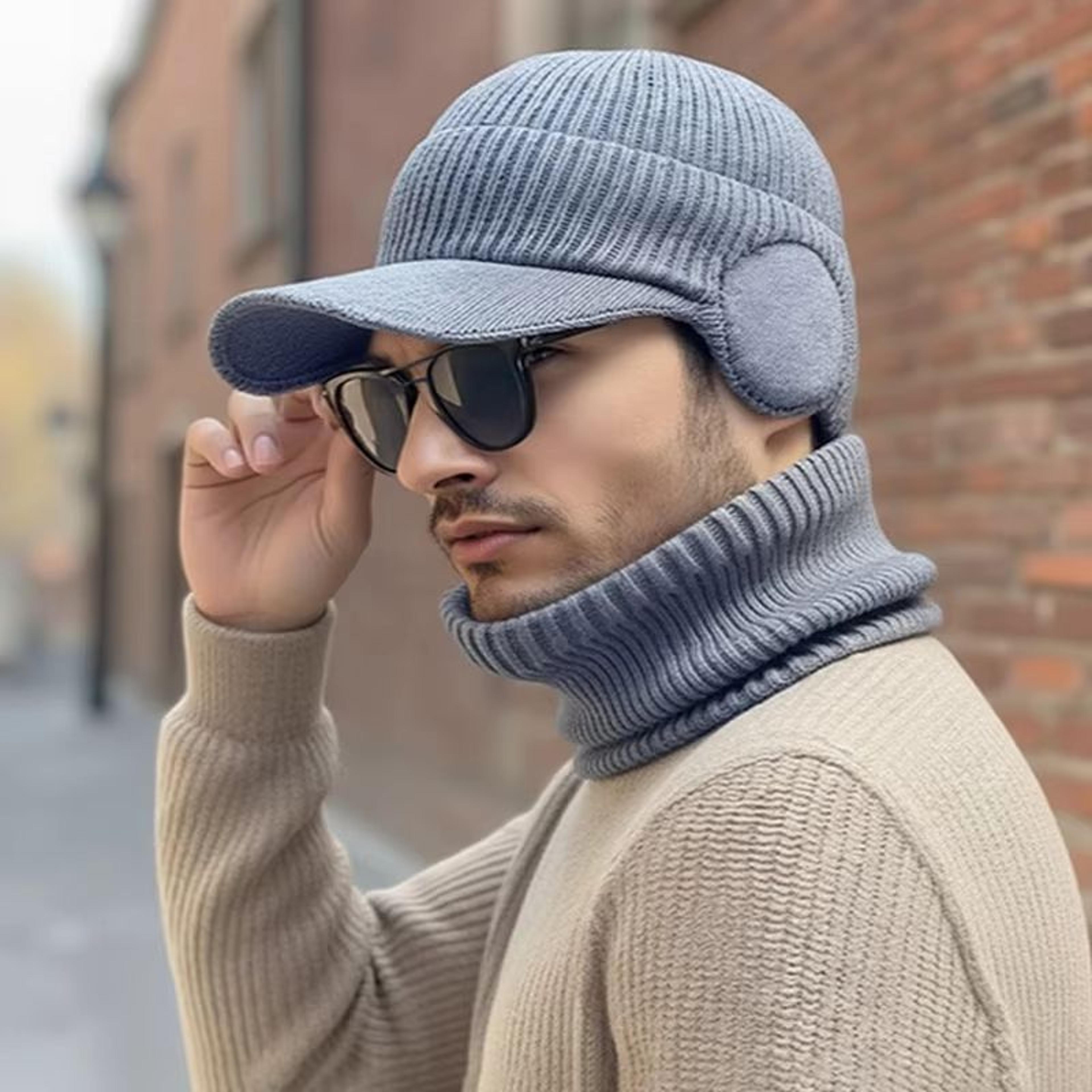 men's windproof knitted balaclava hat with thermal neck cover