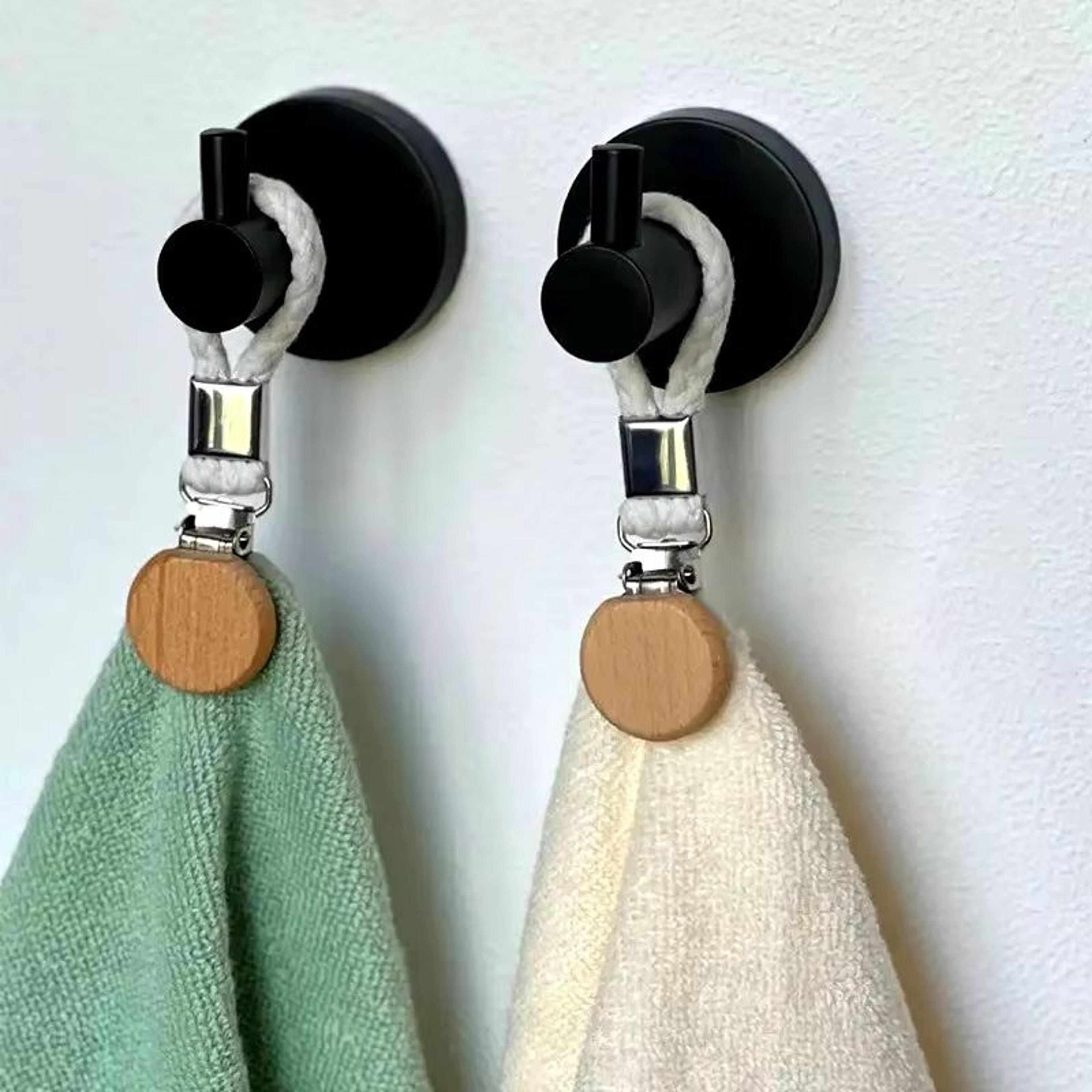 rustic beech wood towel clip set with woven rope – non slip kitchen & bathroom organizer (2pcs)