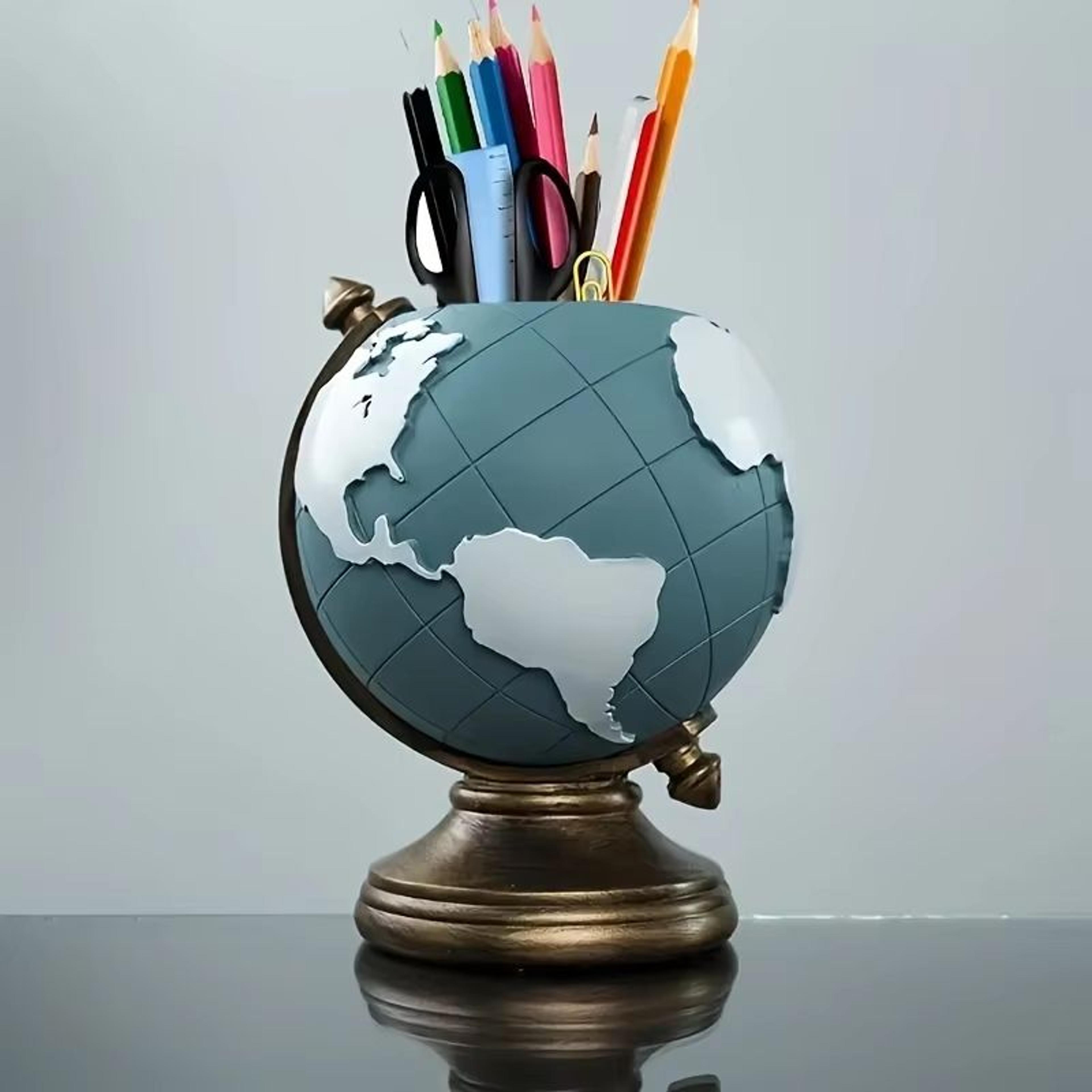 creative globe resin desk organizer pen holder with vintage world design