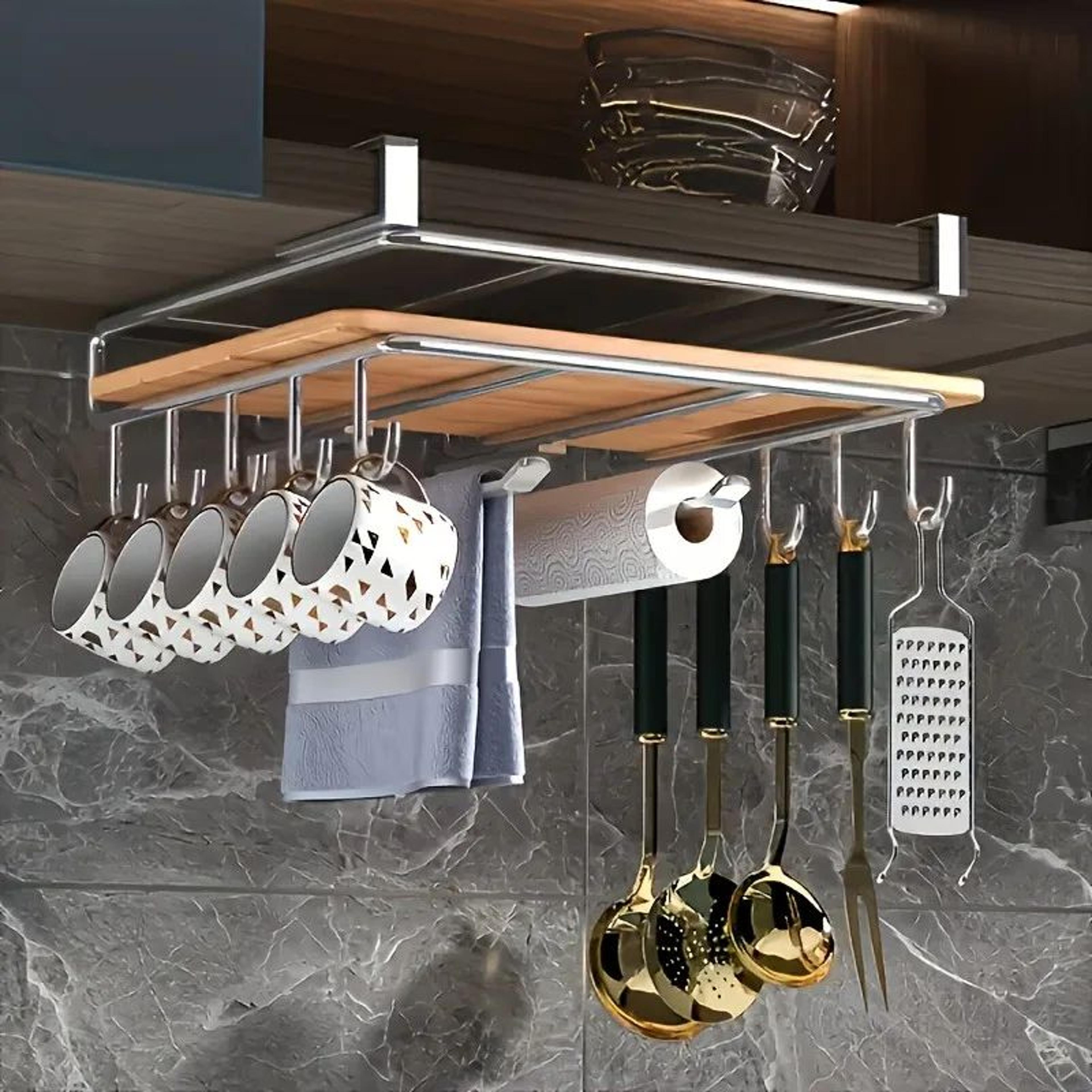 stainless steel hanging kitchen storage rack with hooks and paper towel holder