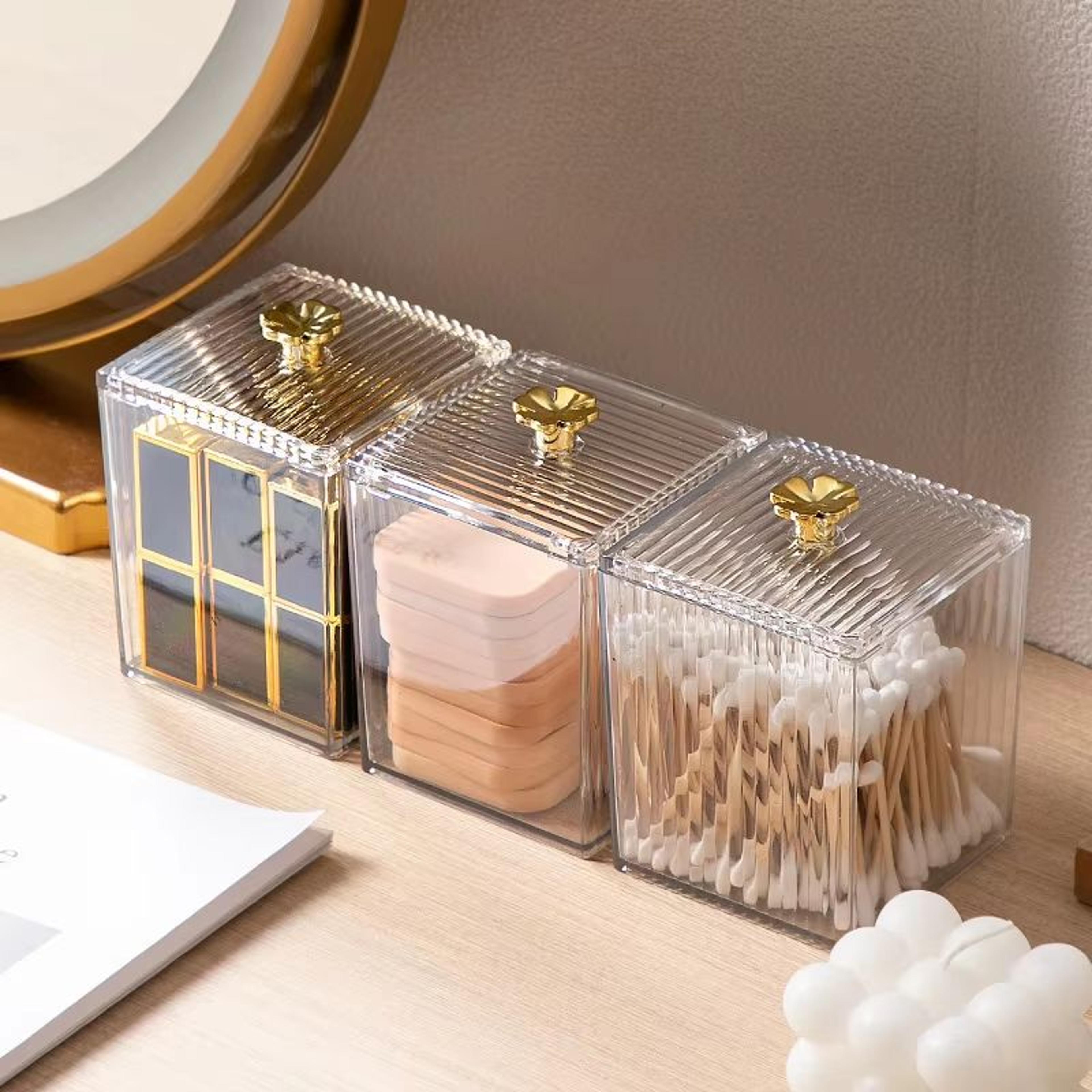 clear acrylic cotton pad & swab storage box – dust proof makeup organizer for vanity and desktop