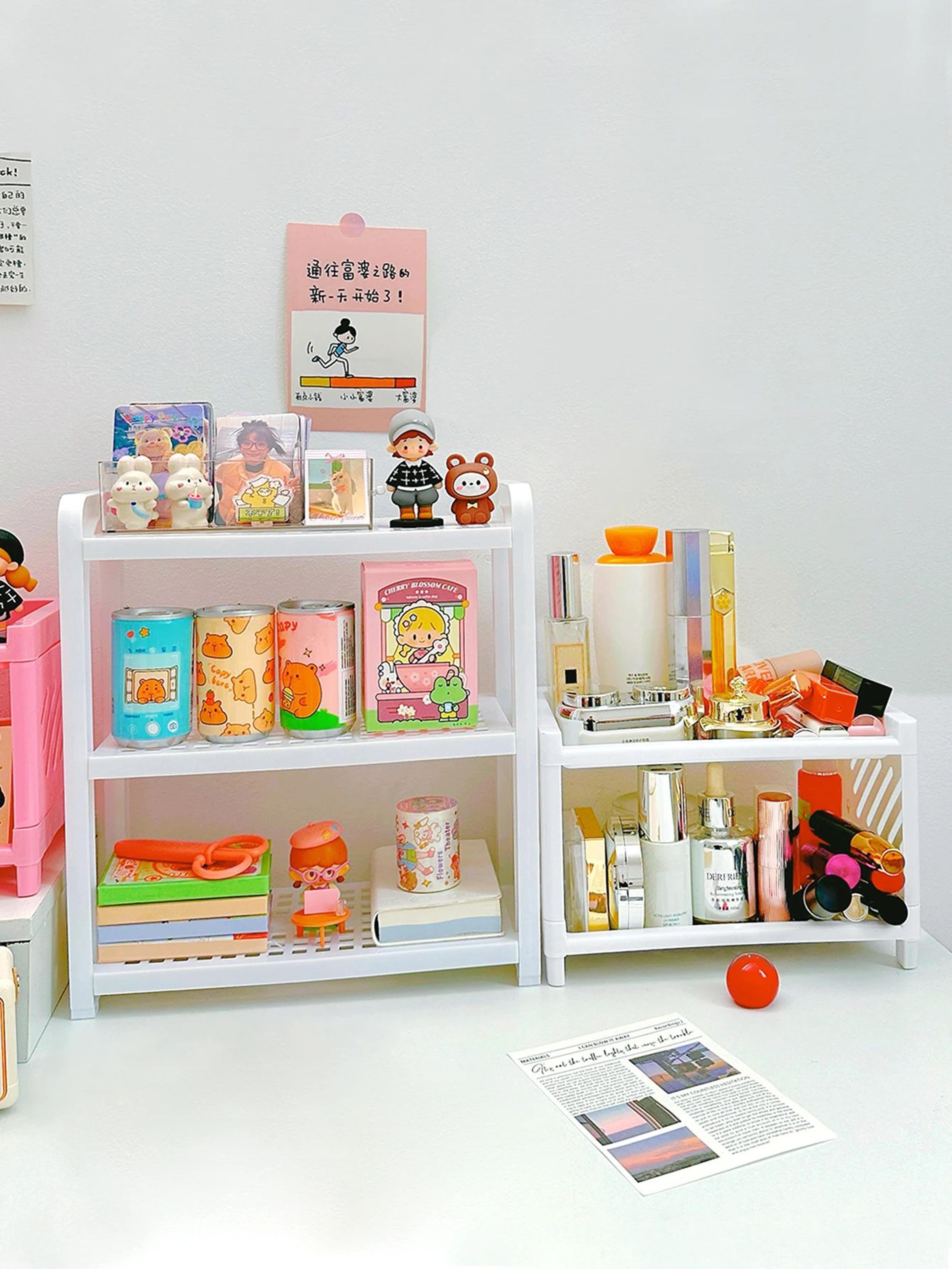 multi layer desktop storage shelf organizer for office, cosmetics, and home essentials