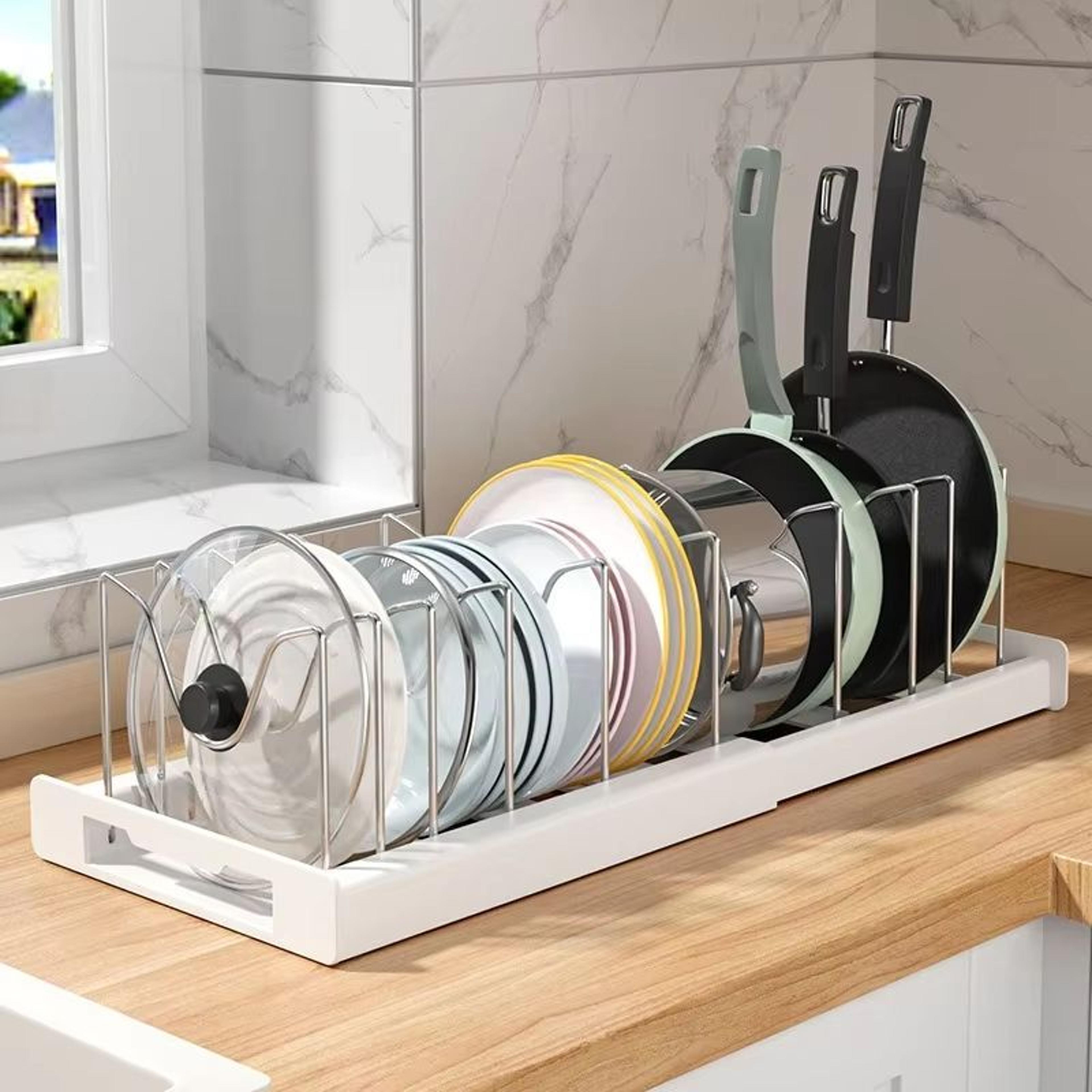 expandable pot organizer rack for cabinet adjustable pan and lid holder