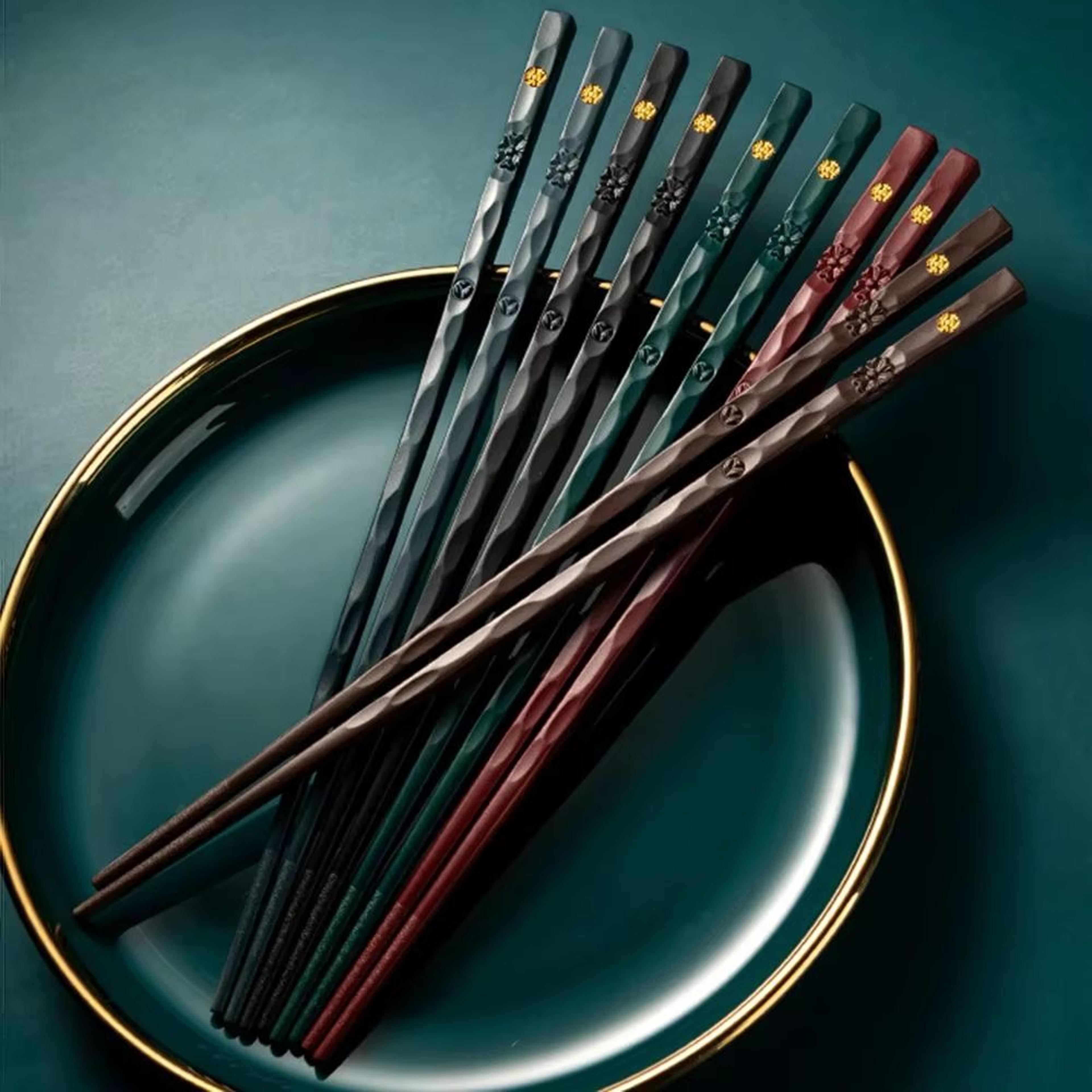 5-pair reusable alloy chopsticks set non-slip dishwasher safe bamboo style dining sticks
