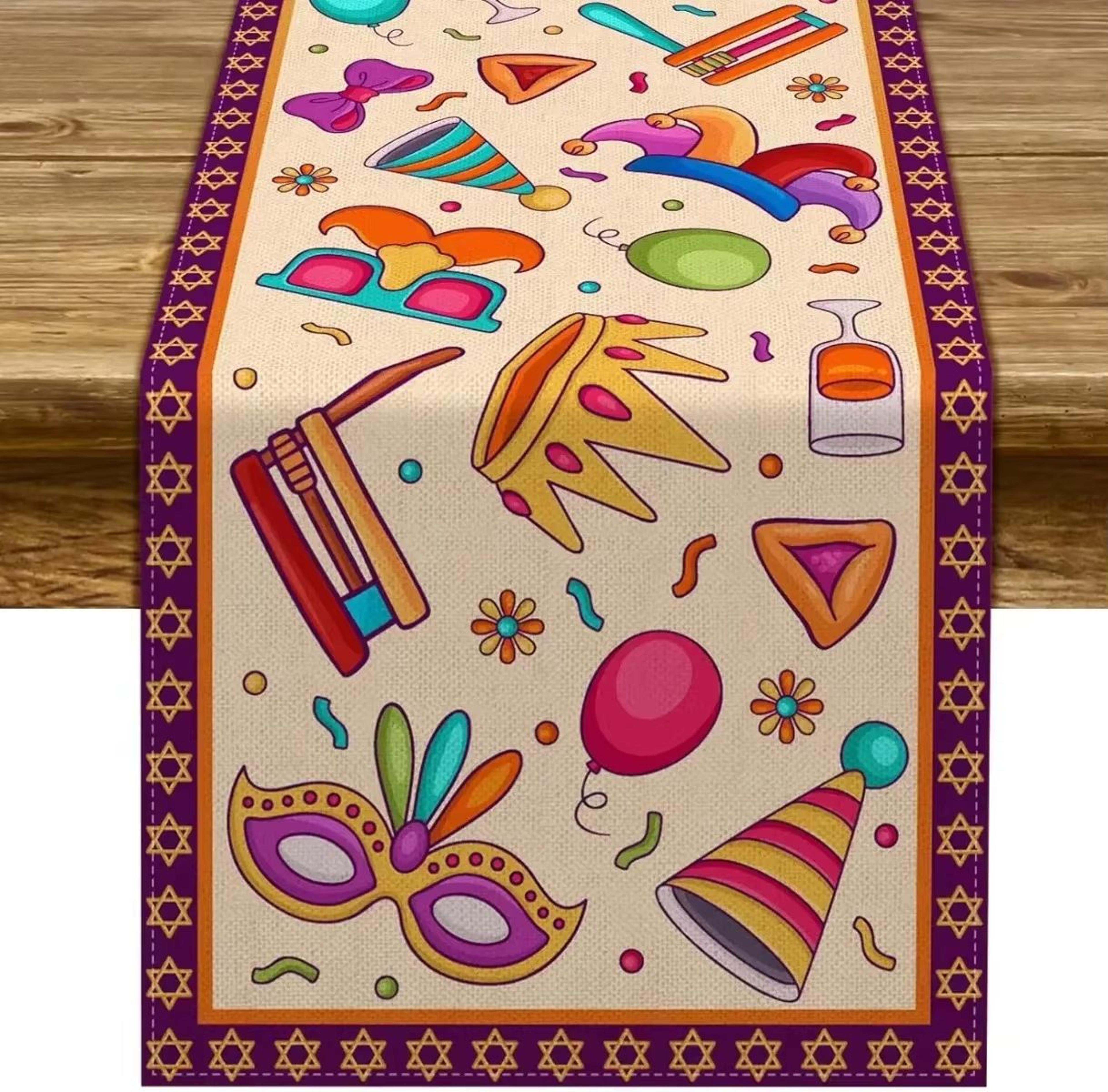 happy purim carnival table runner with masquerade design for festive dining decor