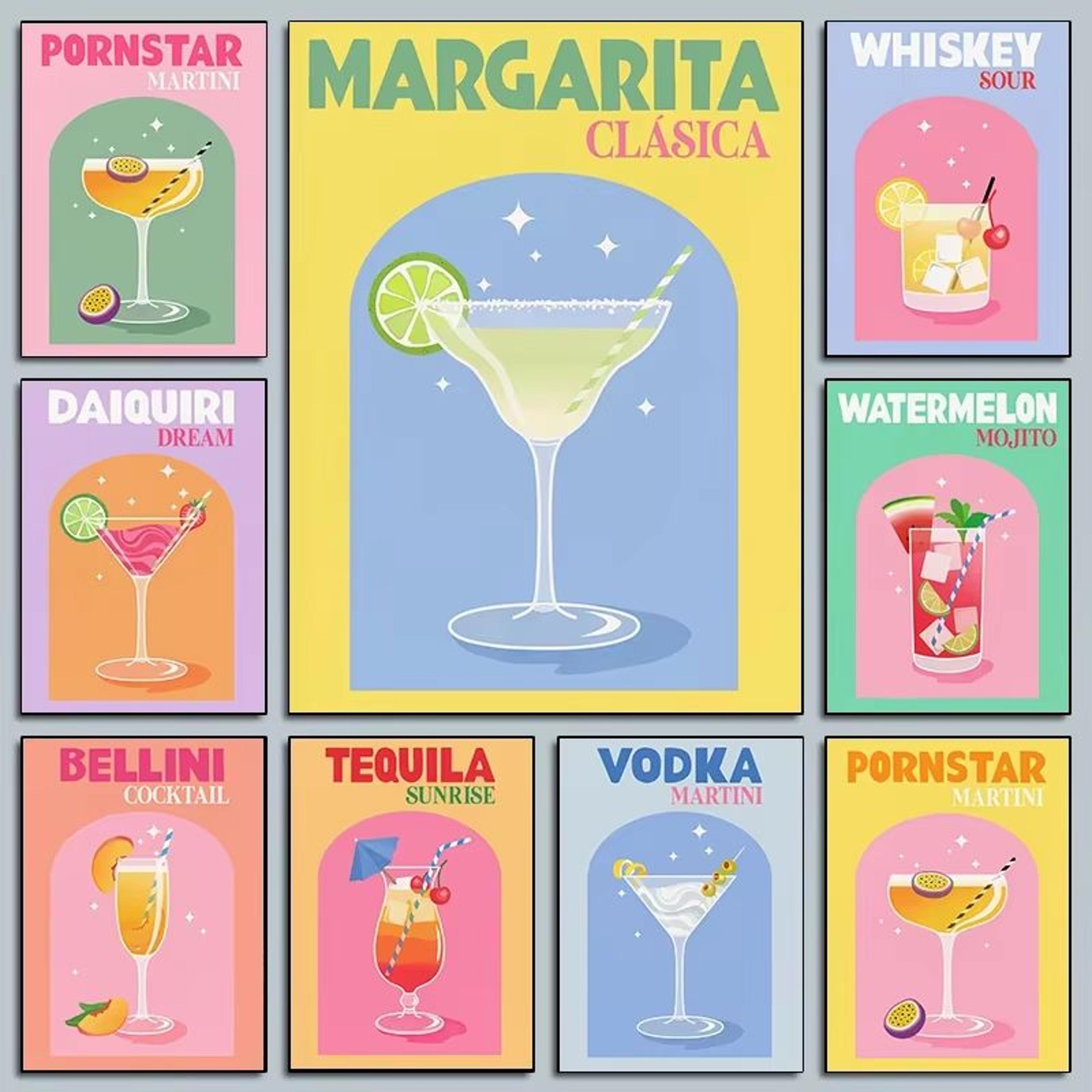 colorful cocktail canvas wall art set trendy bar cart drink posters