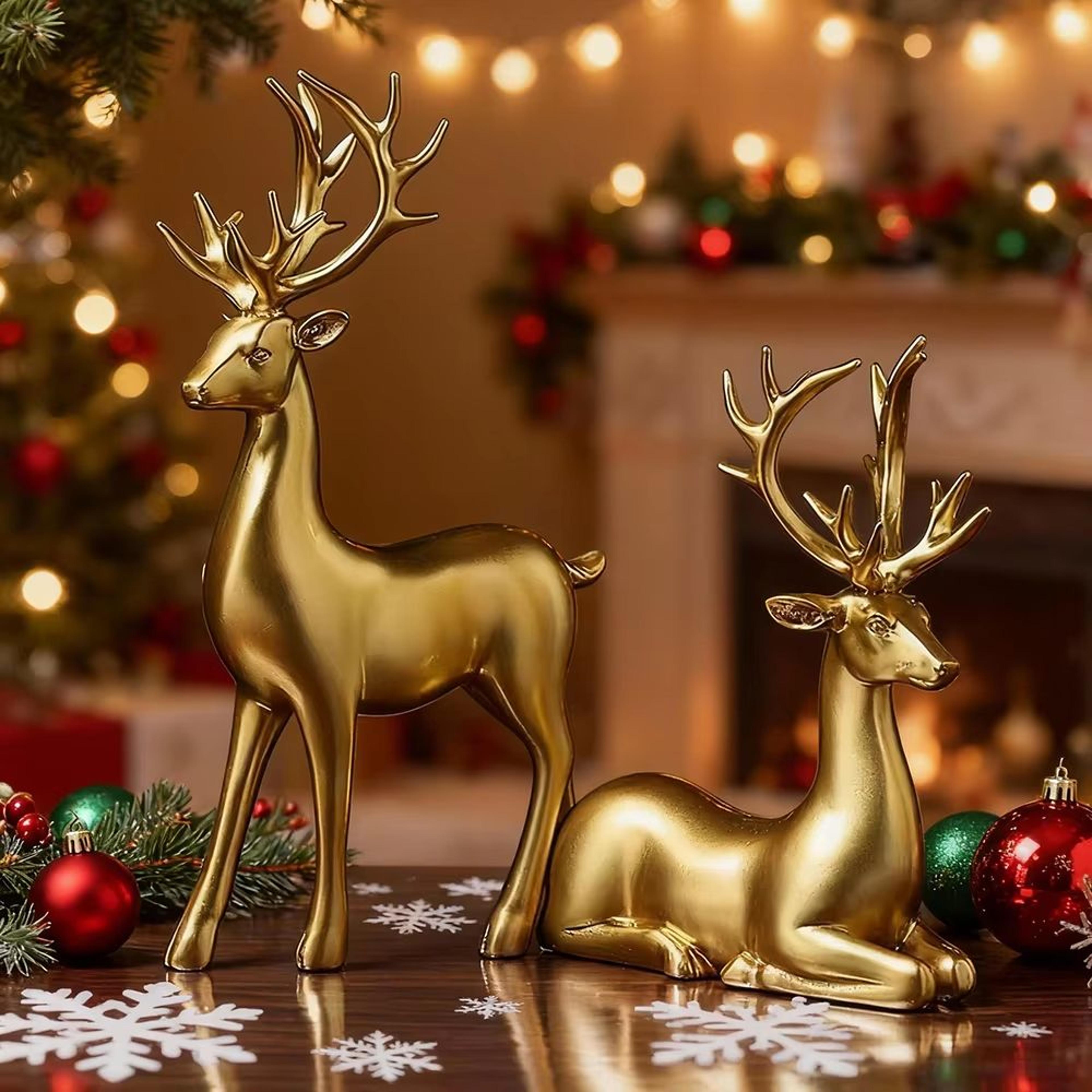 gold reindeer christmas table decor set elegant elk figurines 6.69in & 4.33in holiday home accent