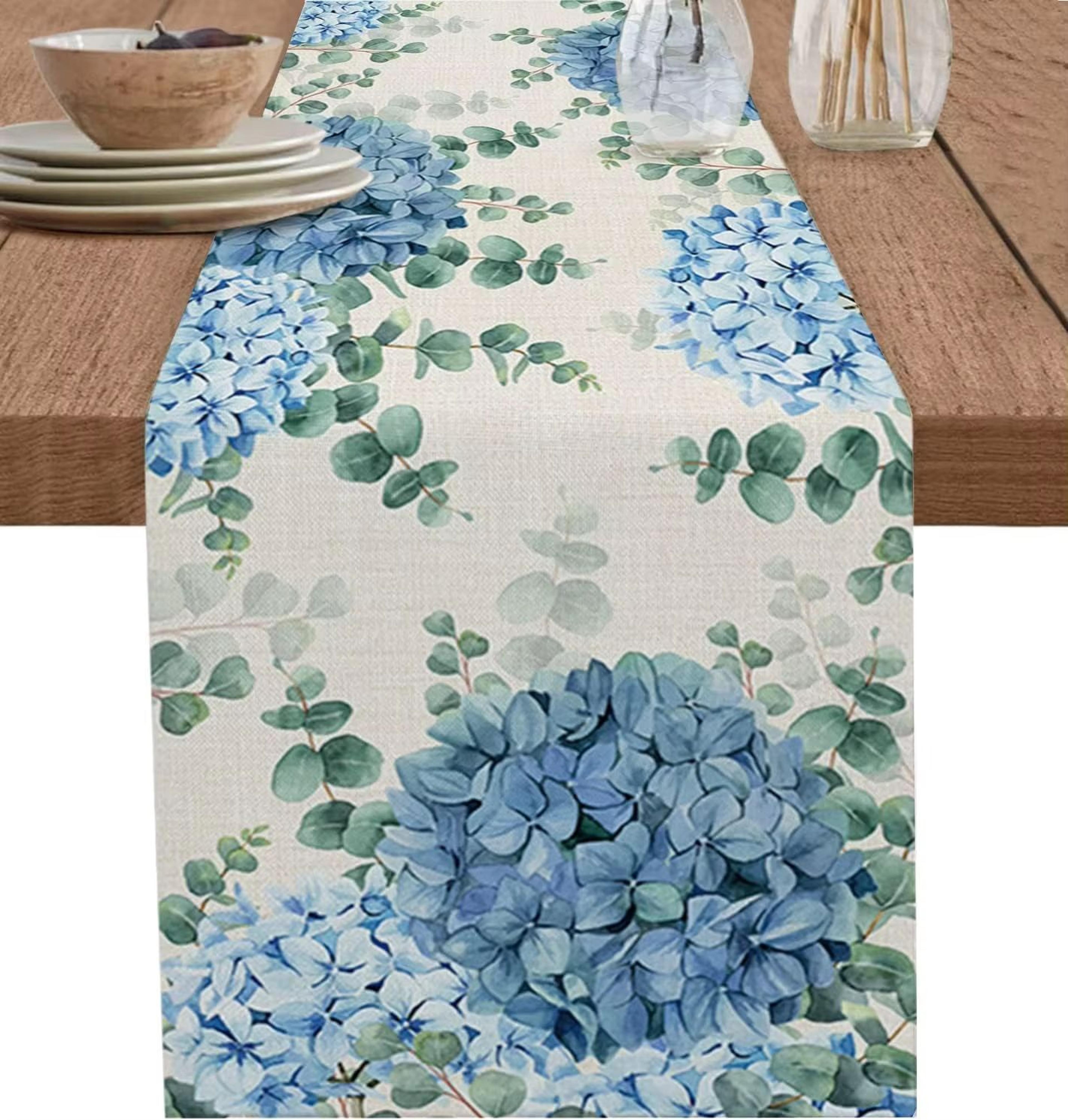 blue hydrangea eucalyptus linen table runner farmhouse floral dining decor