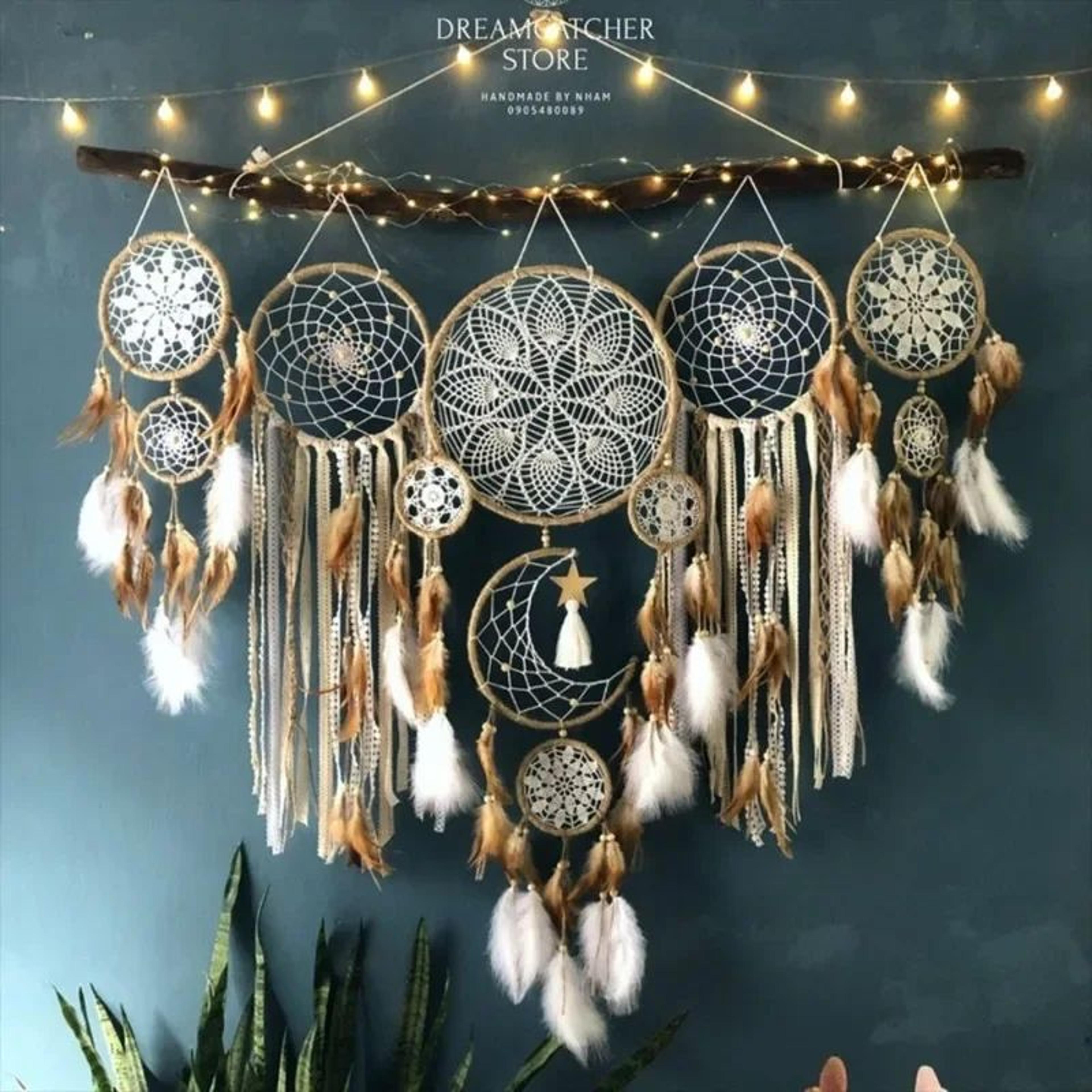 5-piece boho macrame dream catcher set – moon wall hanging decor