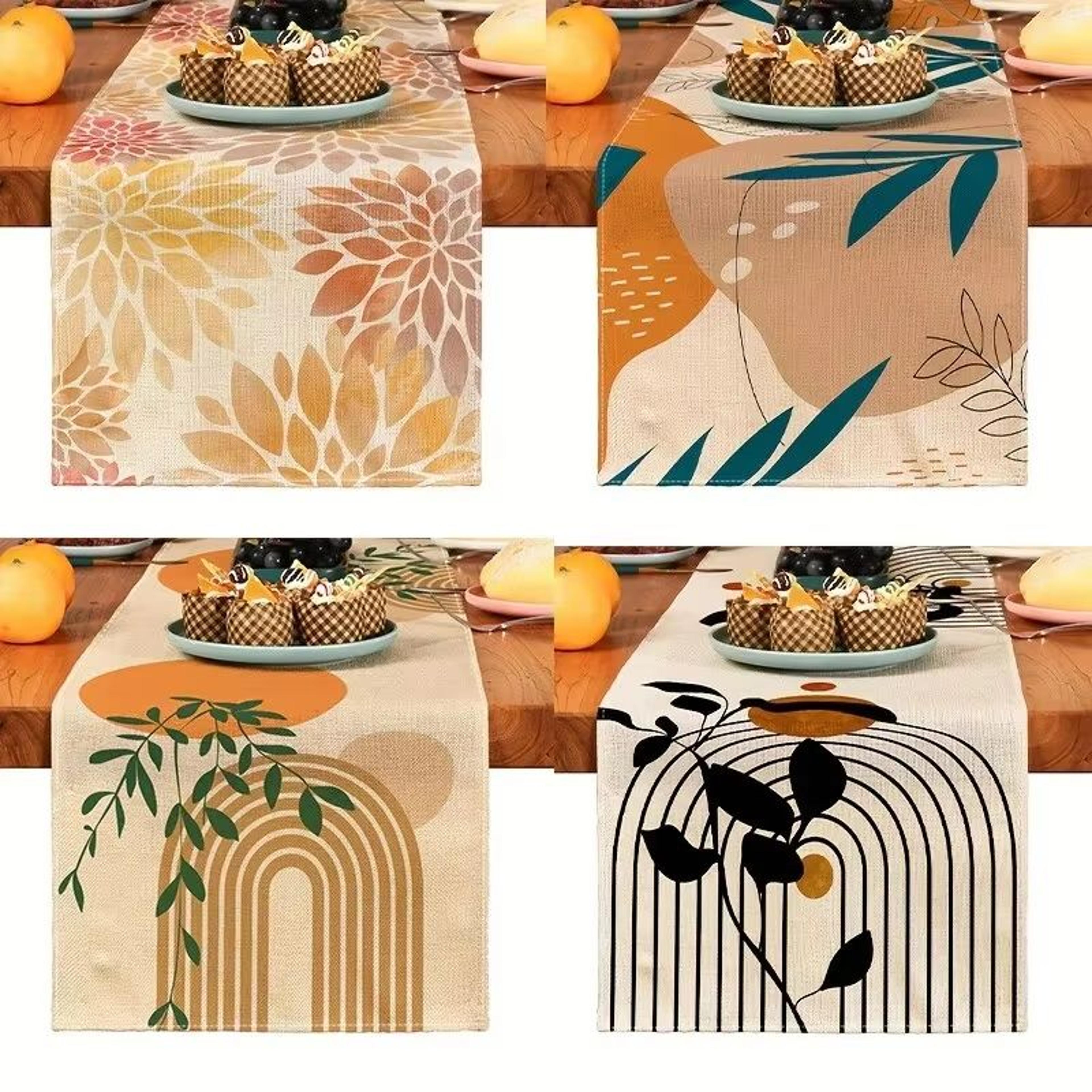 bohemian plant linen table runner for dining table and home decor