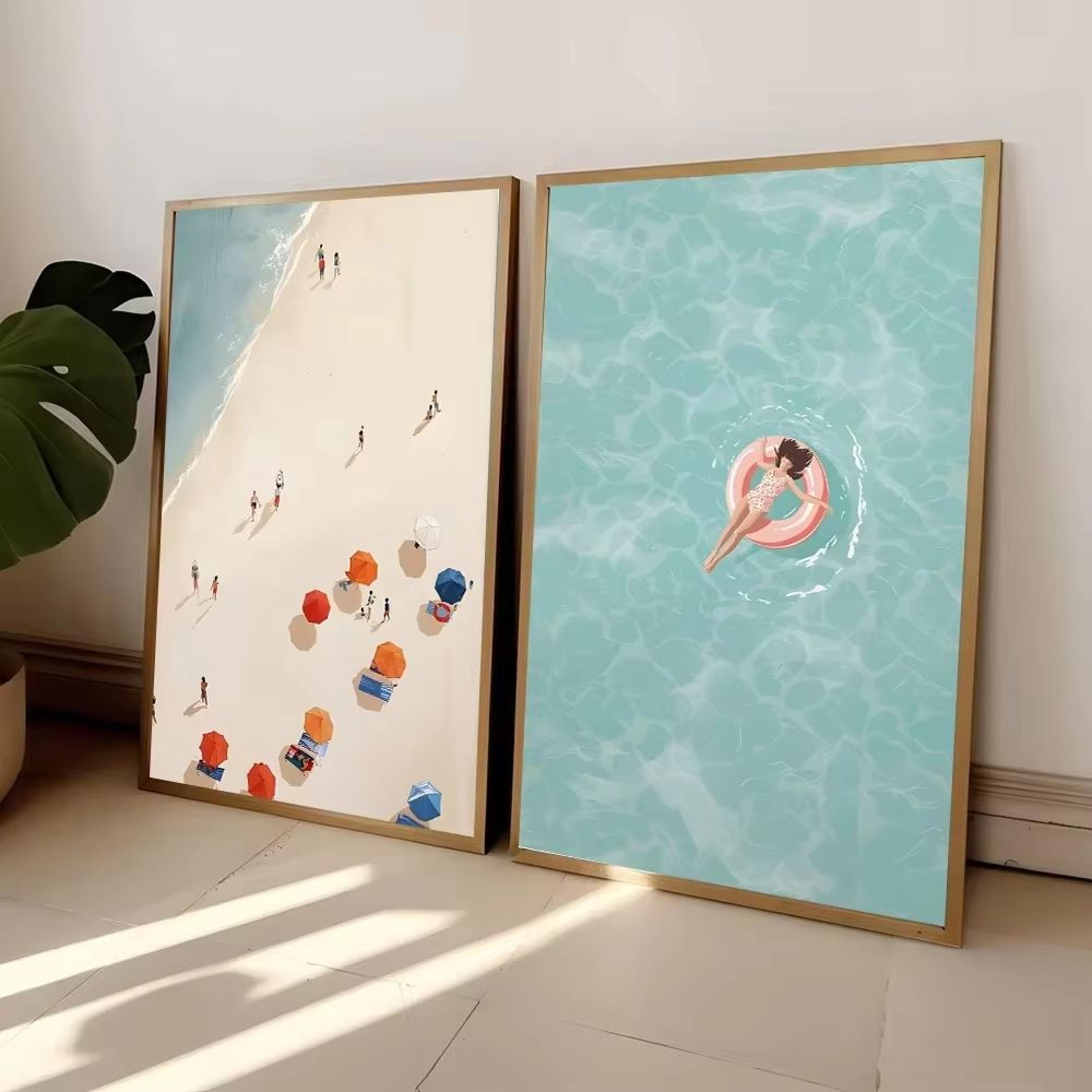 nordic summer pool party girl canvas wall art for coastal living room decor