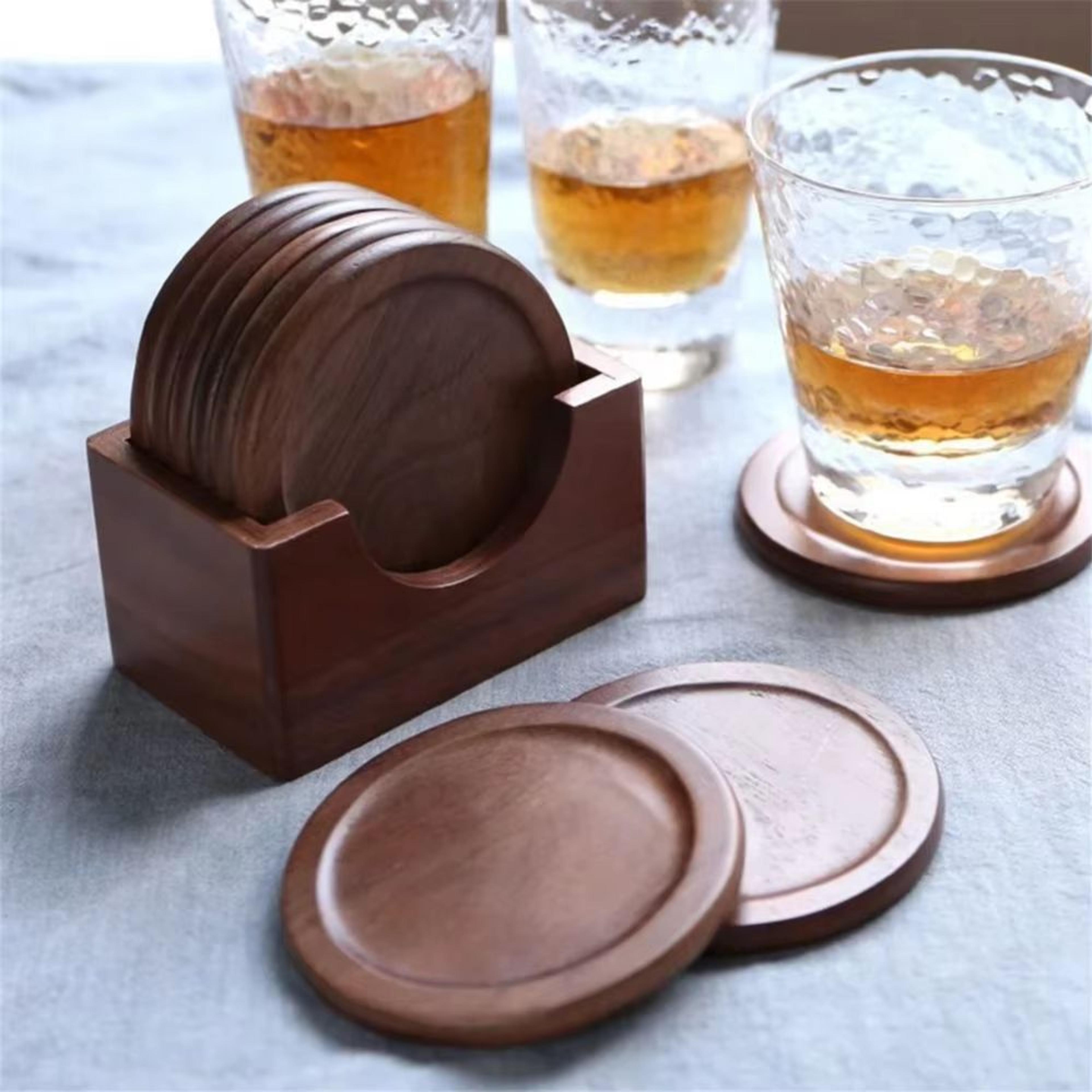 walnut wood coaster set – 6-piece japanese style insulated round drink mats