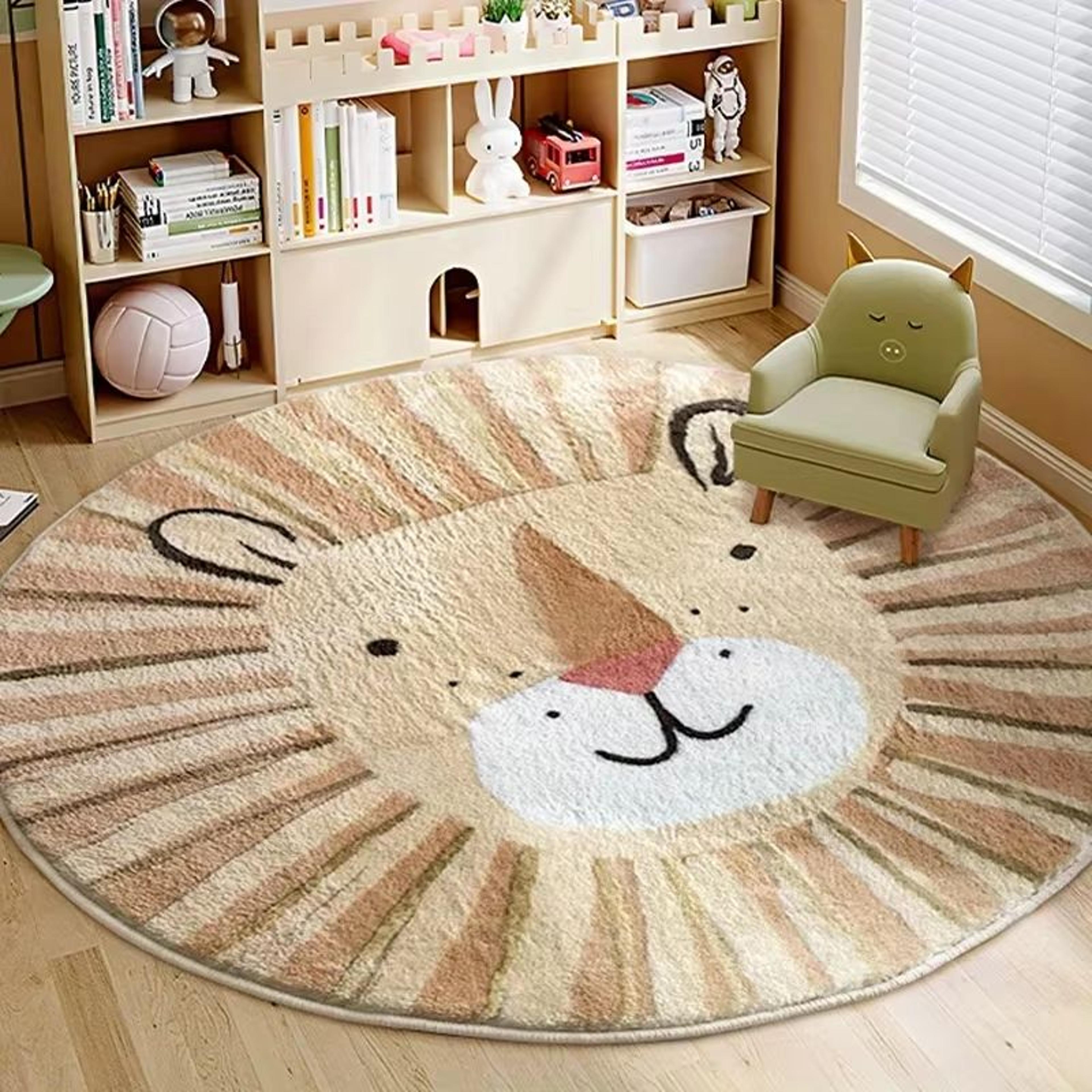 cute cartoon lion plush kids rug soft round playroom carpet