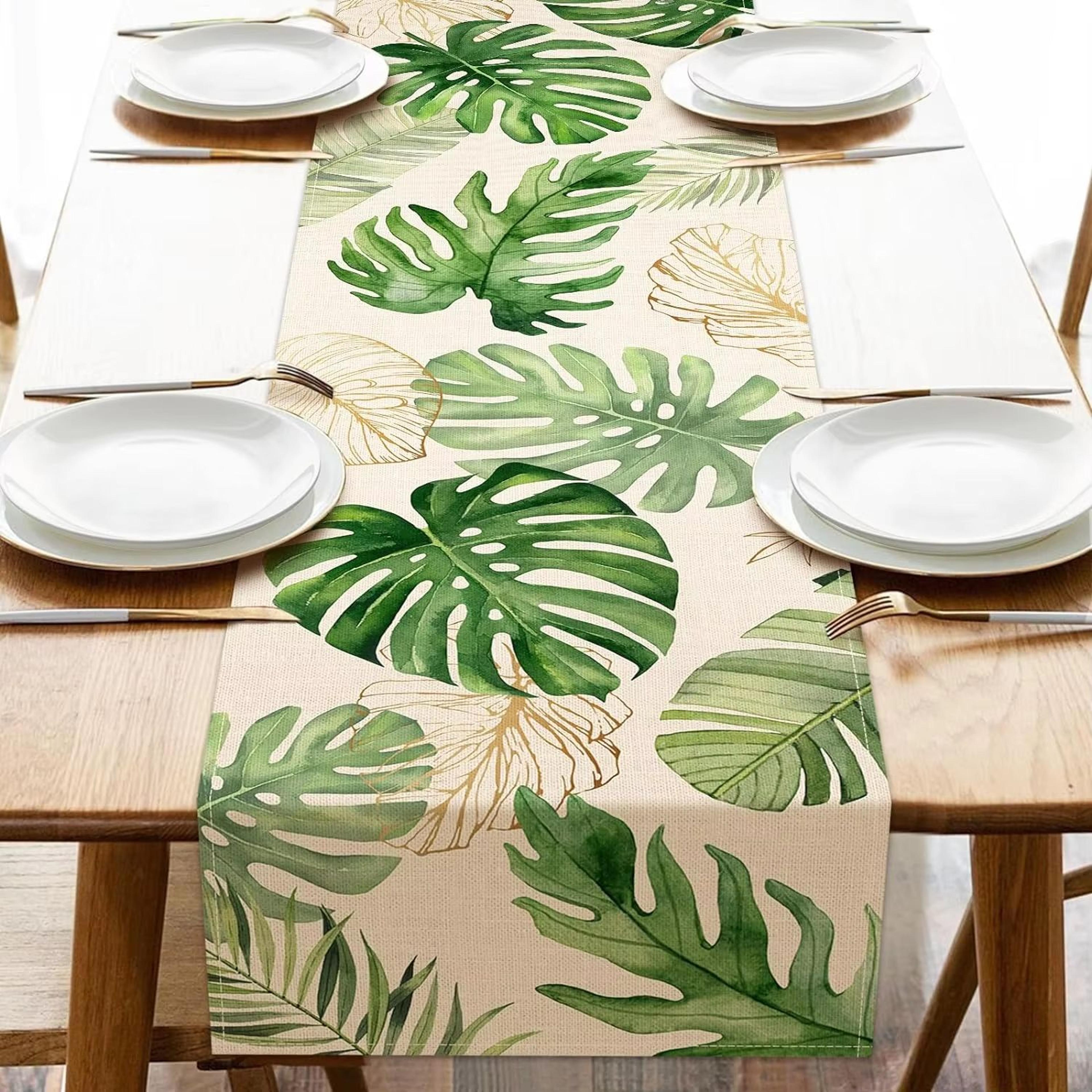 tropical palm leaves linen table runner for summer kitchen and dining decor