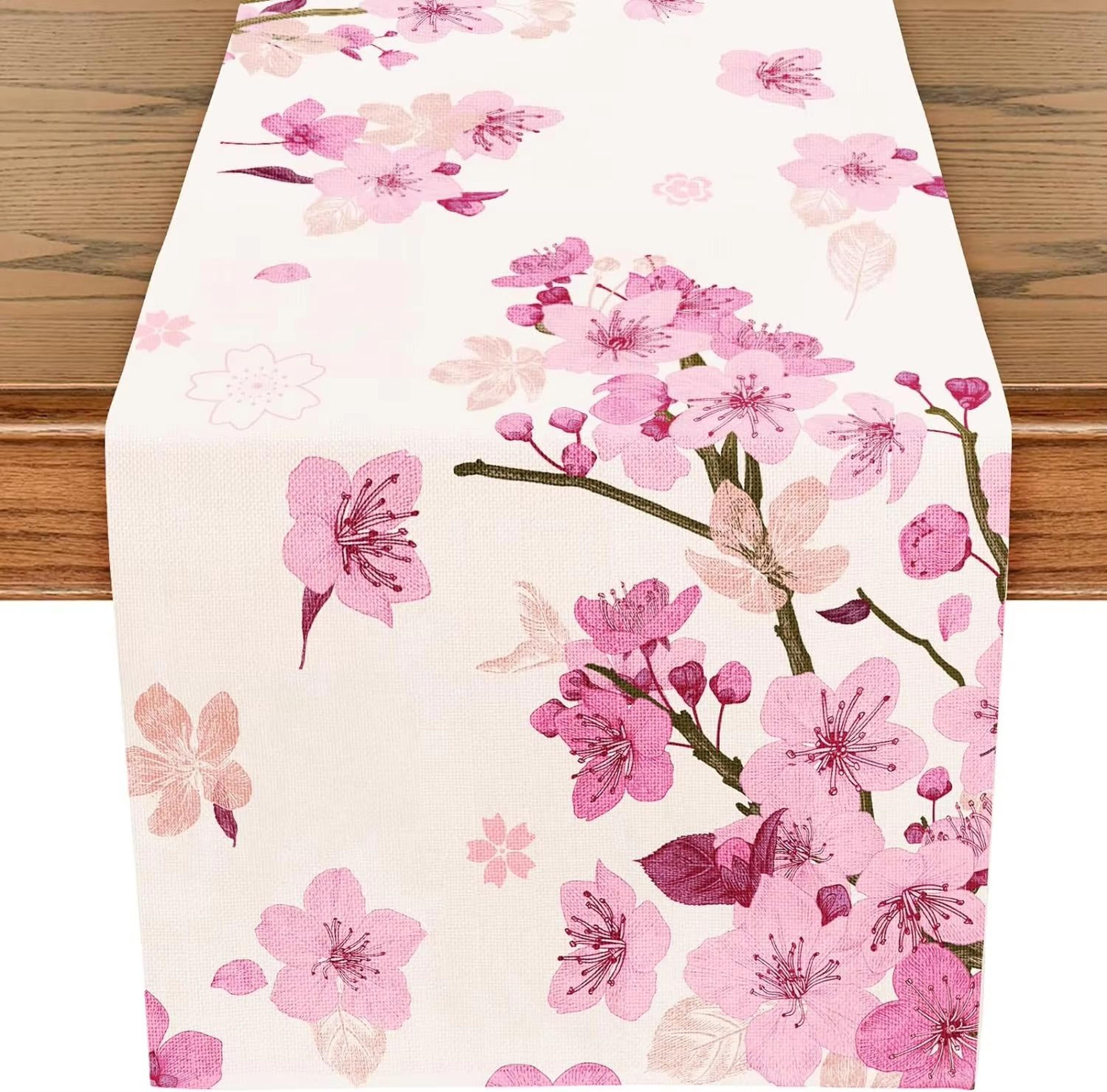 spring cherry blossom linen table runner for farmhouse wedding and dining decor