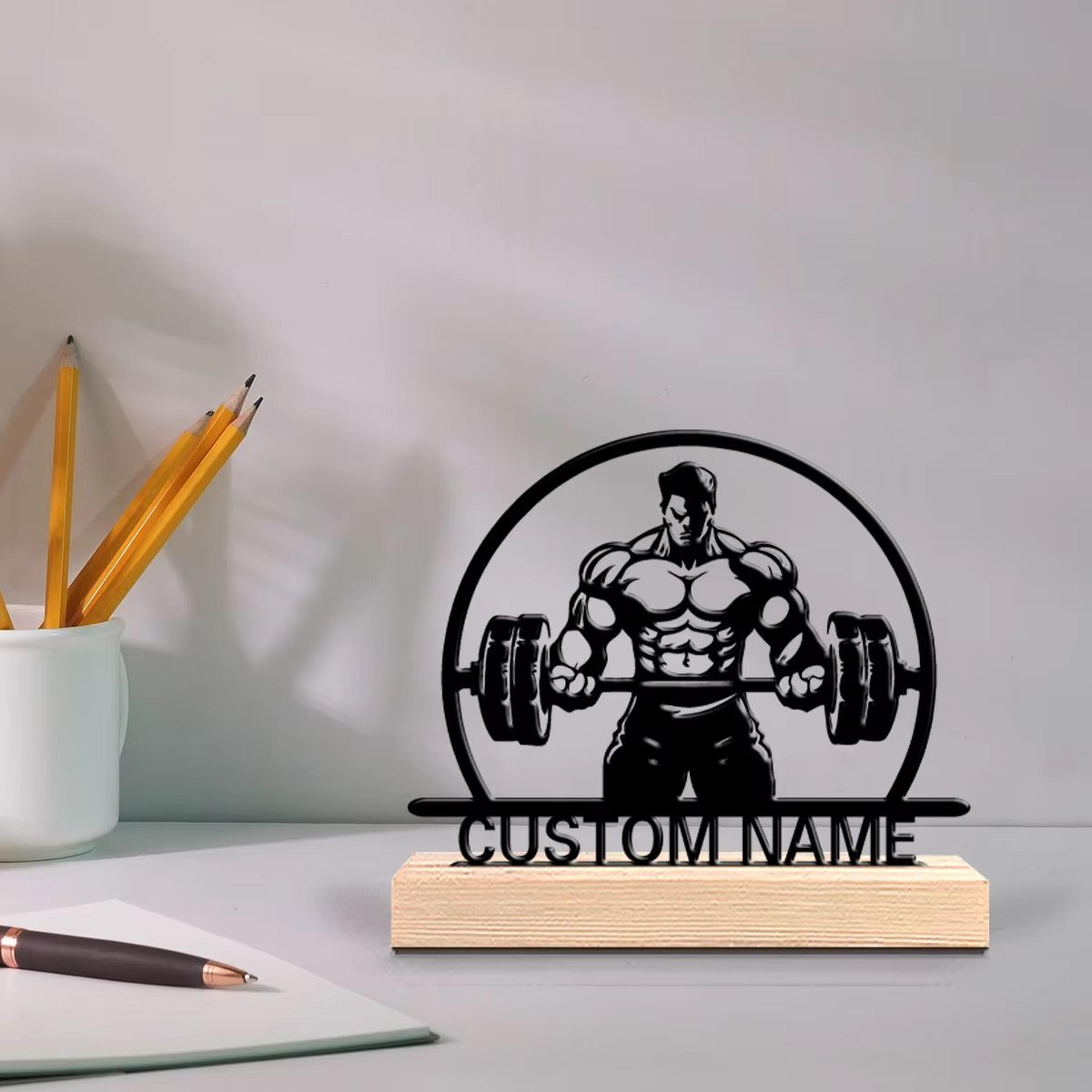 personalized weightlifting metal art sculpture wooden base gym decor gift