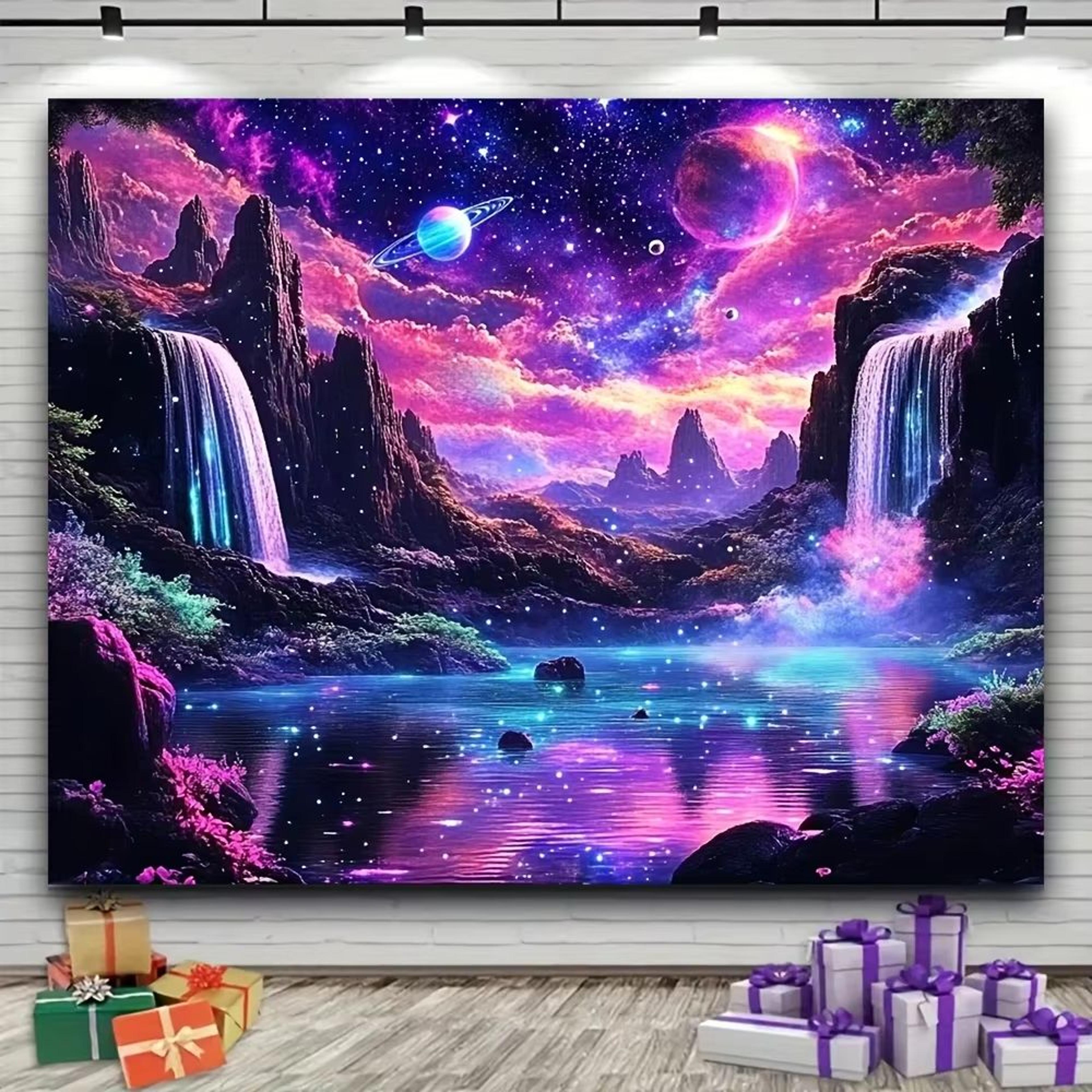fantasy starry sky waterfall tapestry glow planet moon wall decor for living room