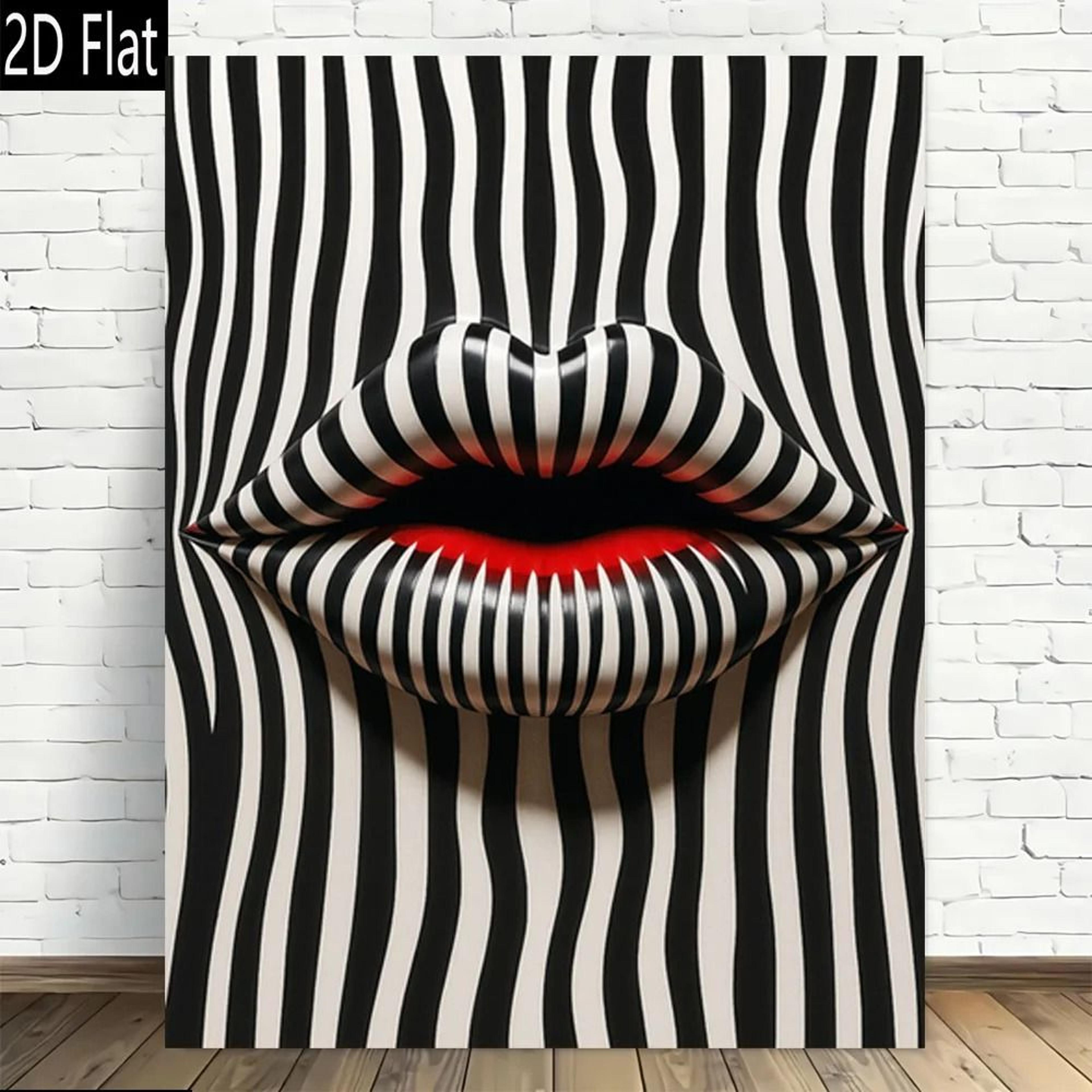 abstract striped lips canvas art print – modern black and white wall decor
