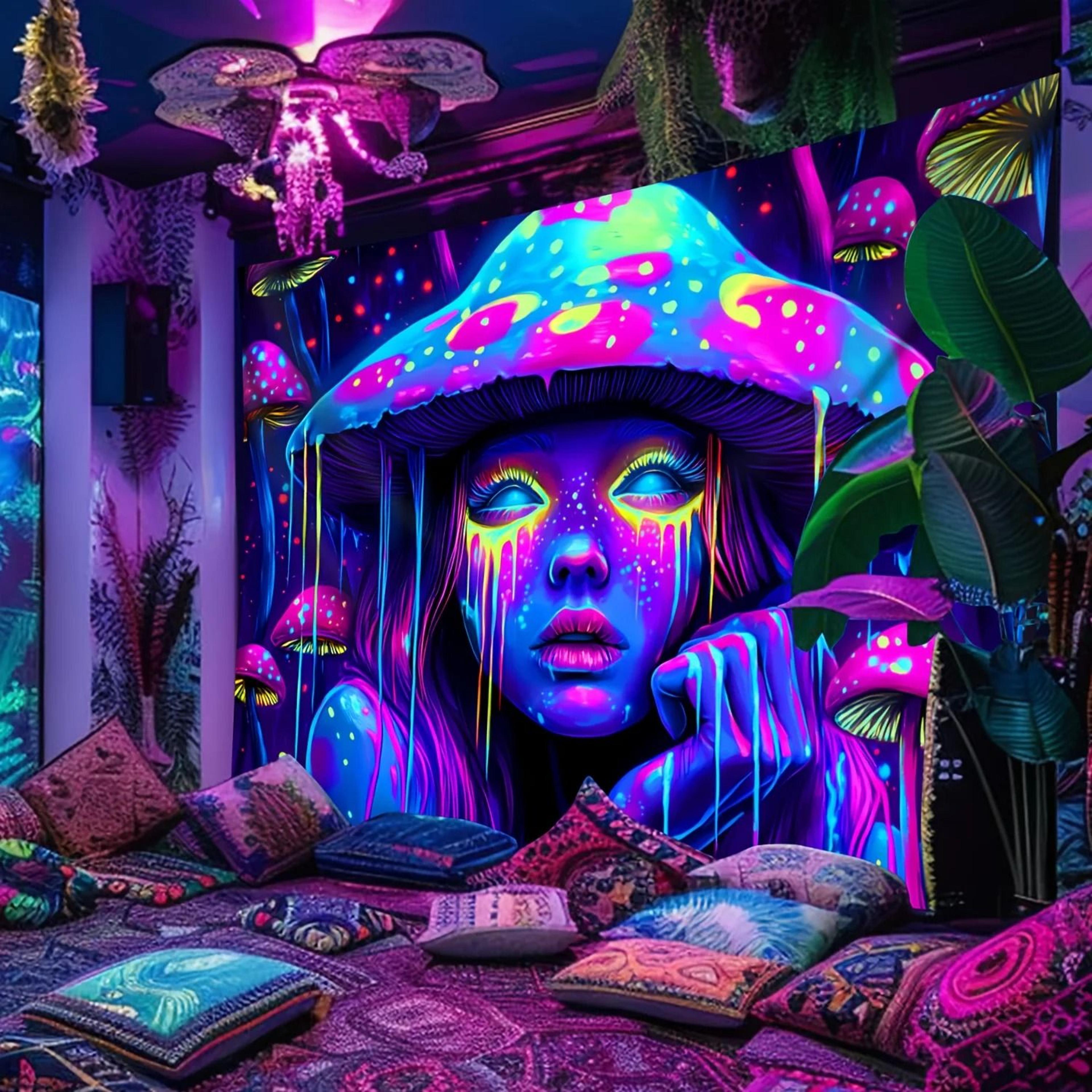 vikama psychedelic mushroom girl tapestry – blacklight reactive tapestry neon uv wall hanging