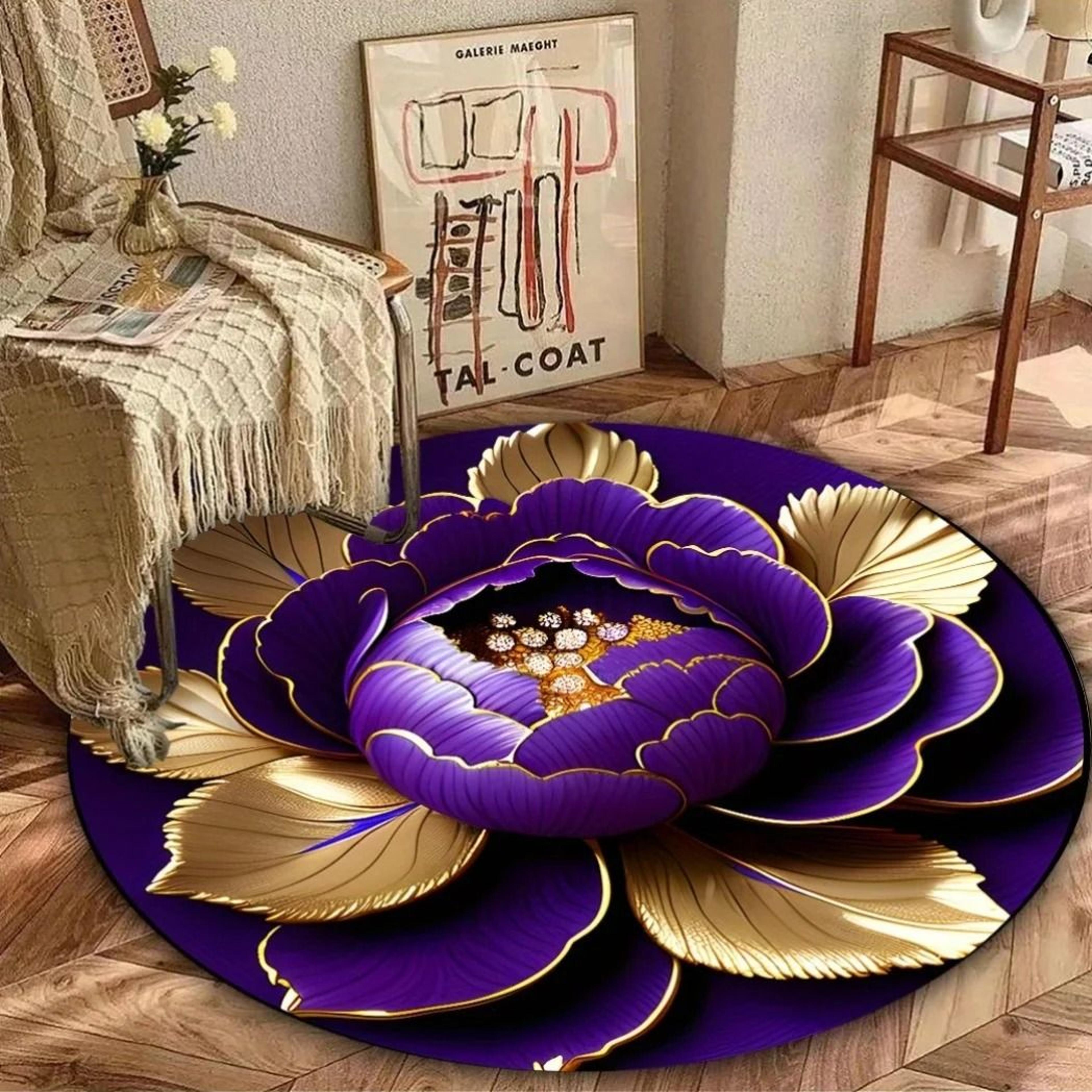 luxury purple gold peony round rug washable floral statement mat