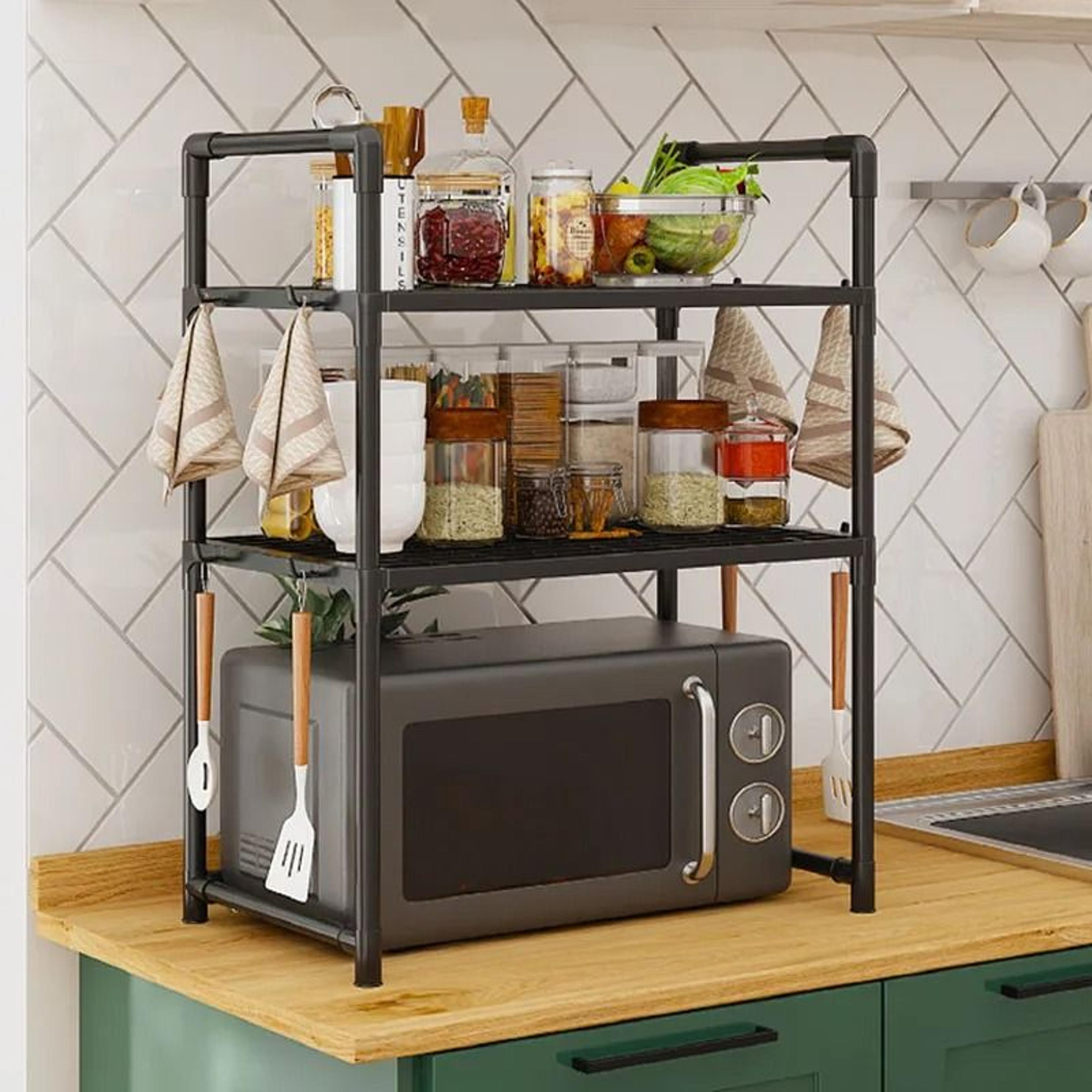 expandable microwave shelf organizer adjustable multi-layer kitchen storage rack with hooks