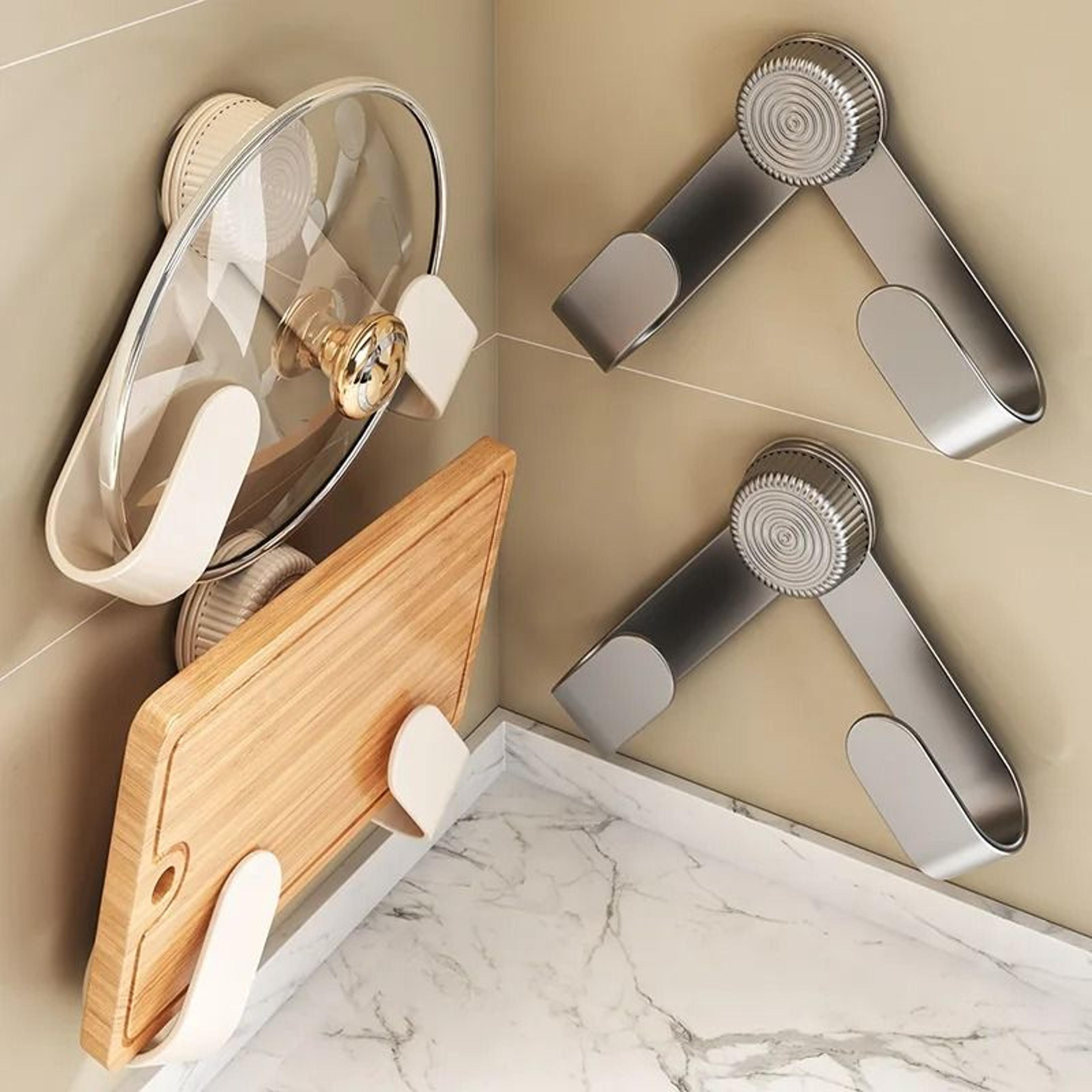 no-drill wall mounted pot lid rack multi-purpose cutting board holder space-saving kitchen organizer