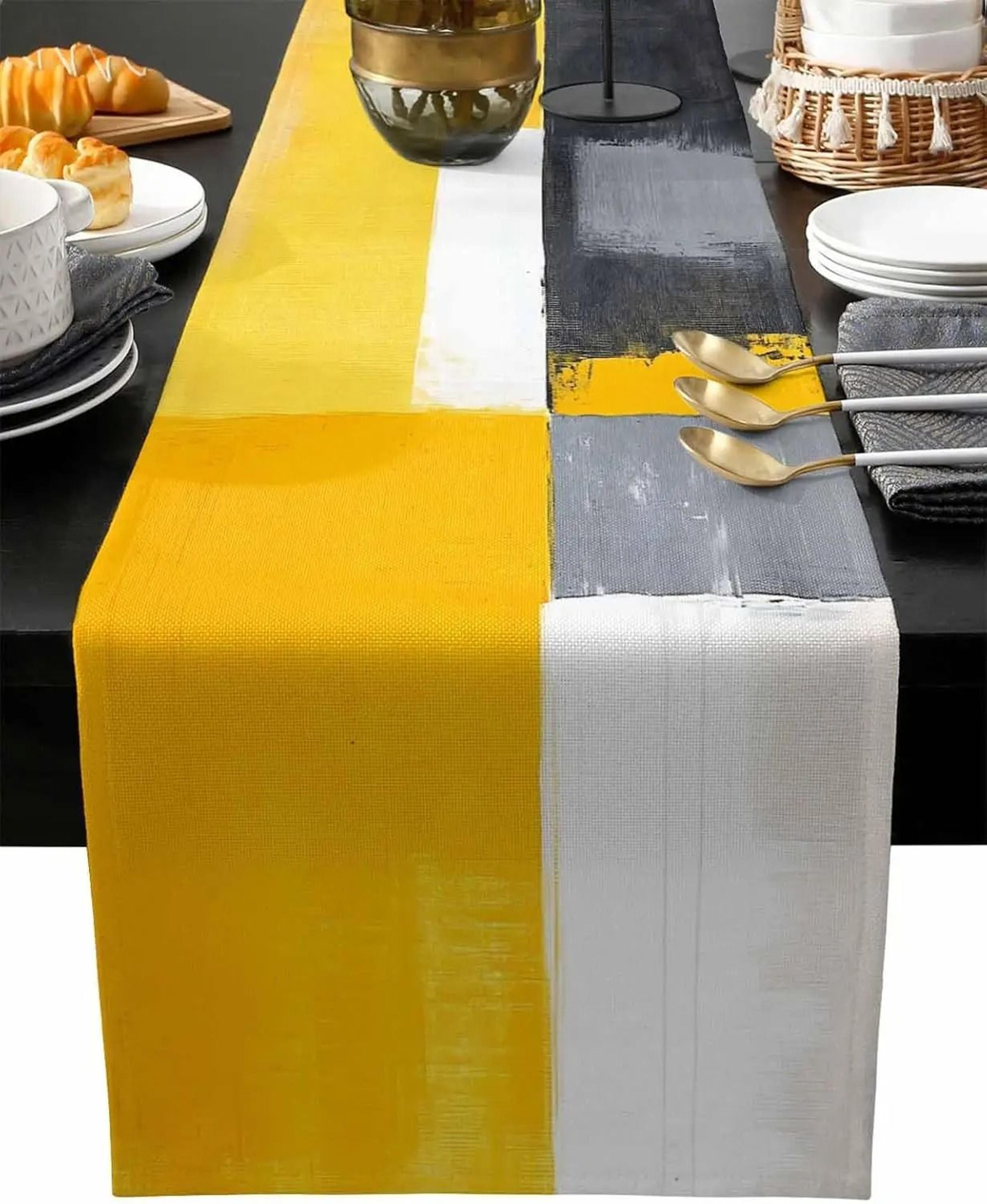 abstract geometric linen table runner – modern yellow grey art table decor