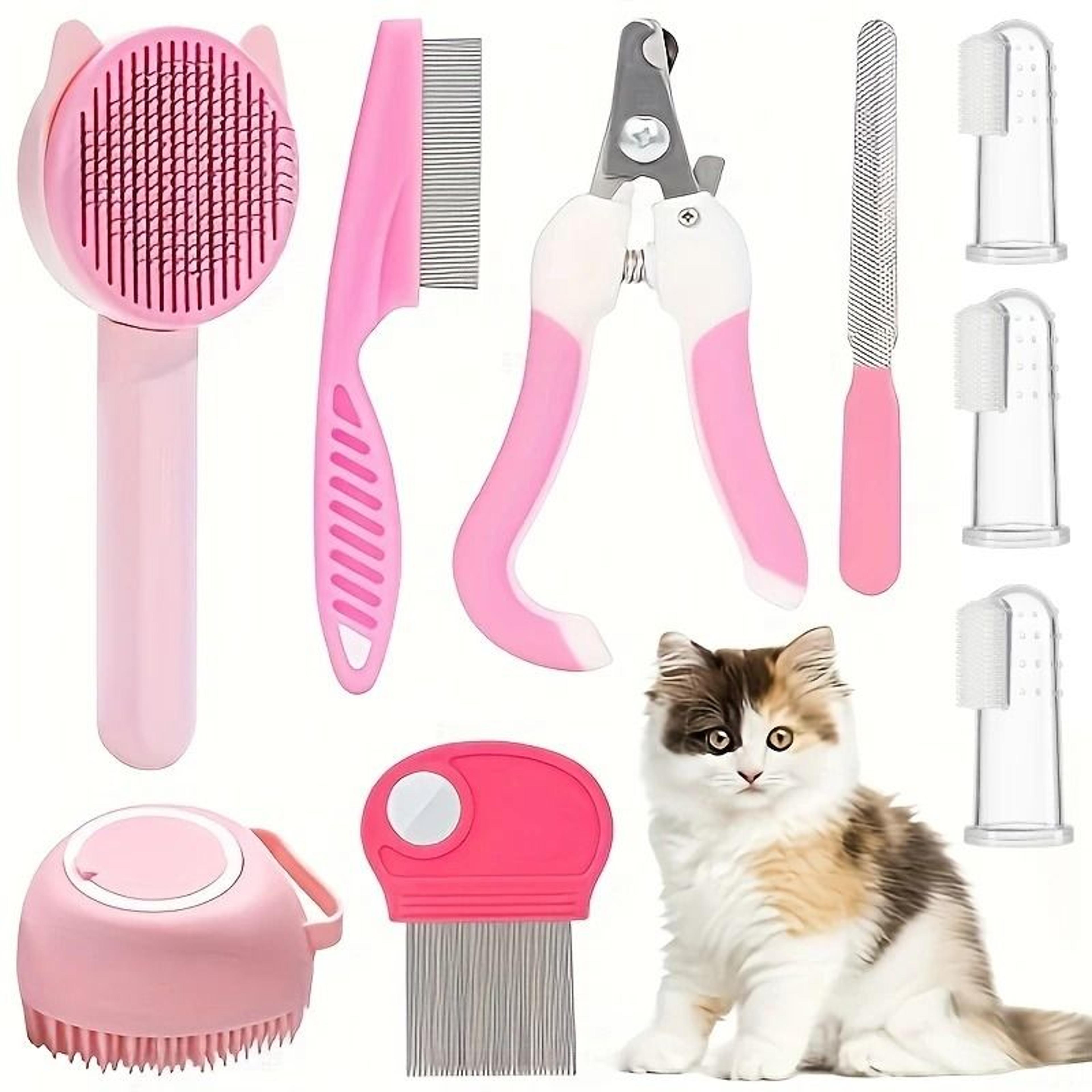 8-piece cat grooming kit with self-cleaning brush & nail care tools