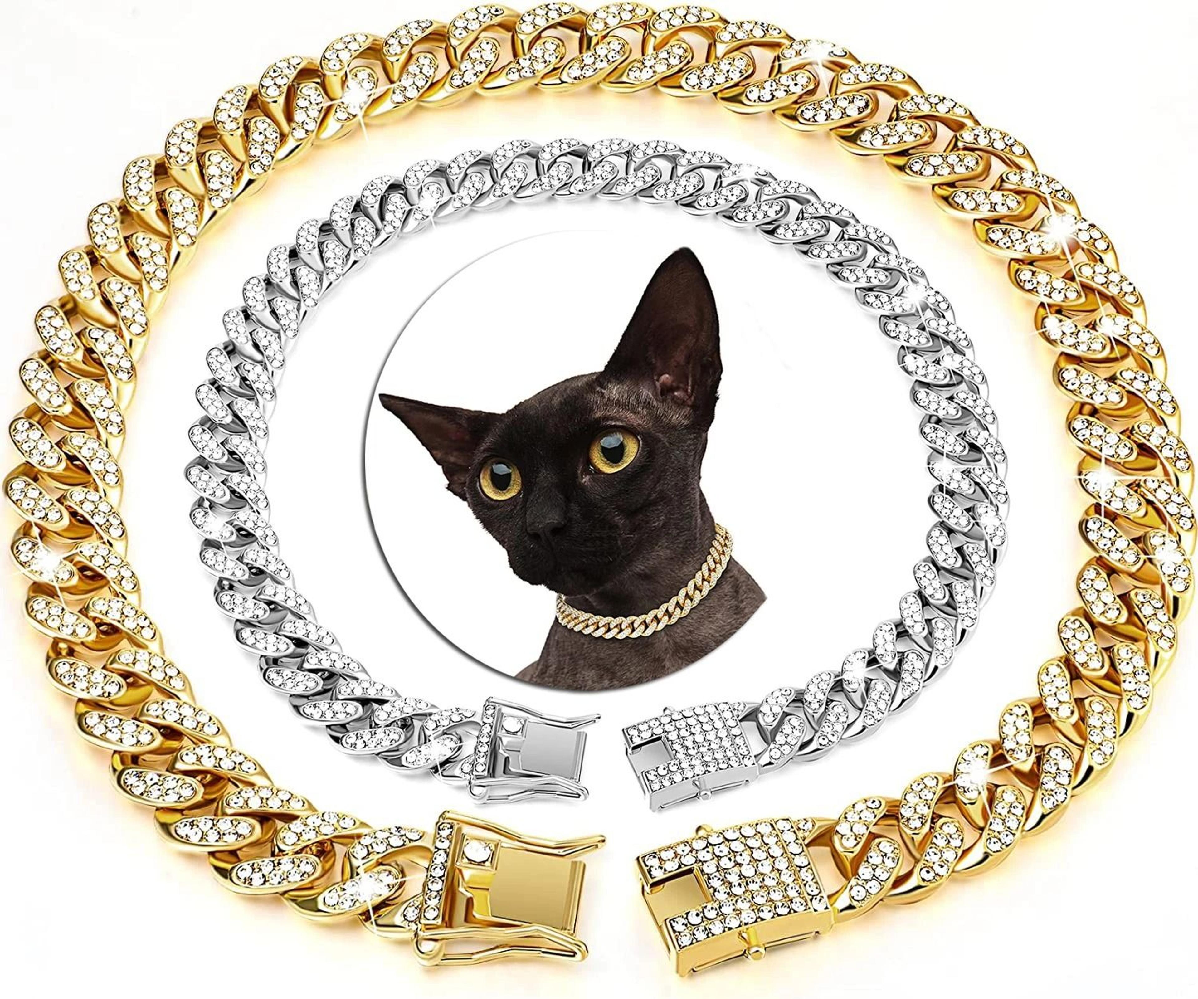 luxury gold cuban link rhinestone pet necklace for cats & small dogs