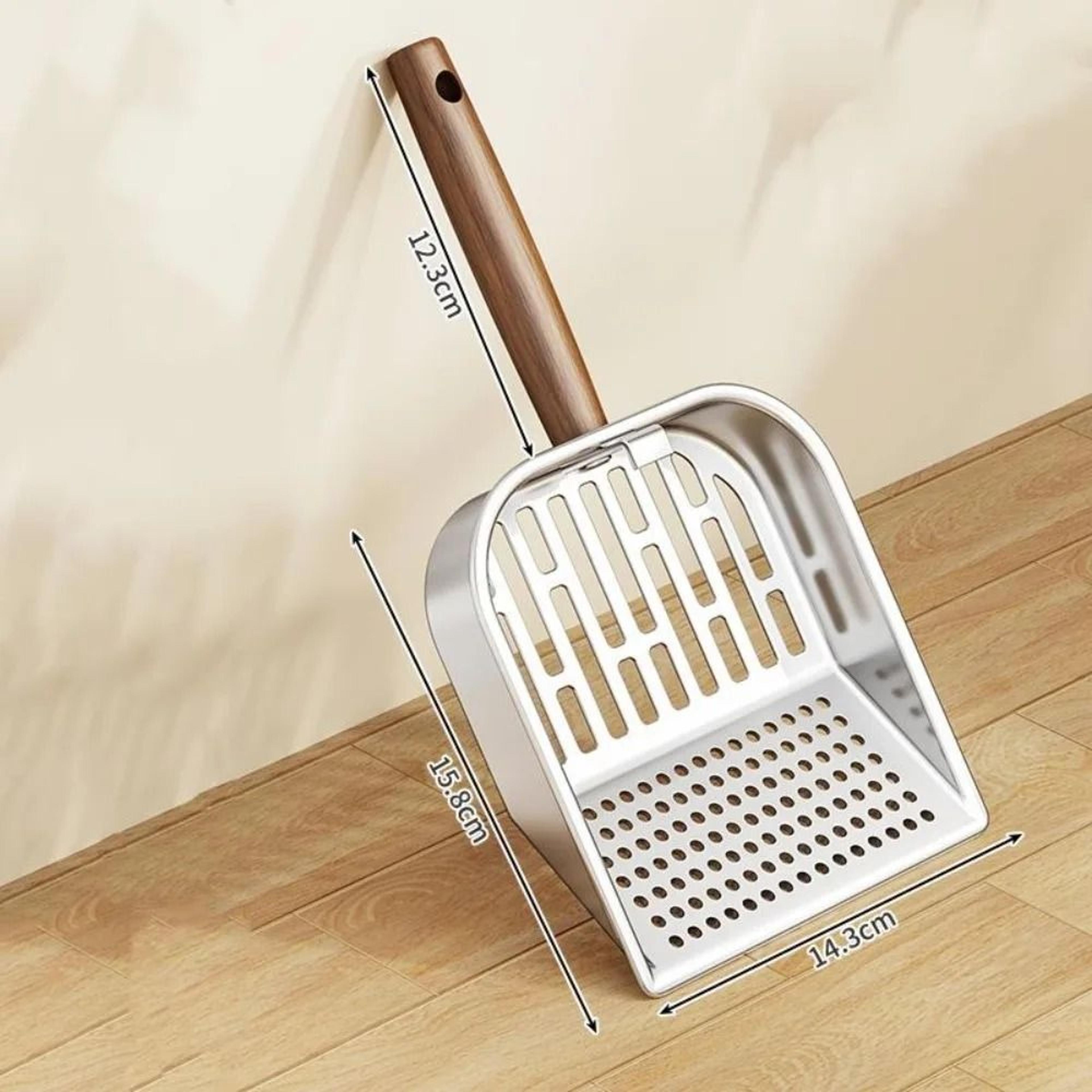 premium stainless steel cat litter scoop with wooden handle for fast & easy cleanup
