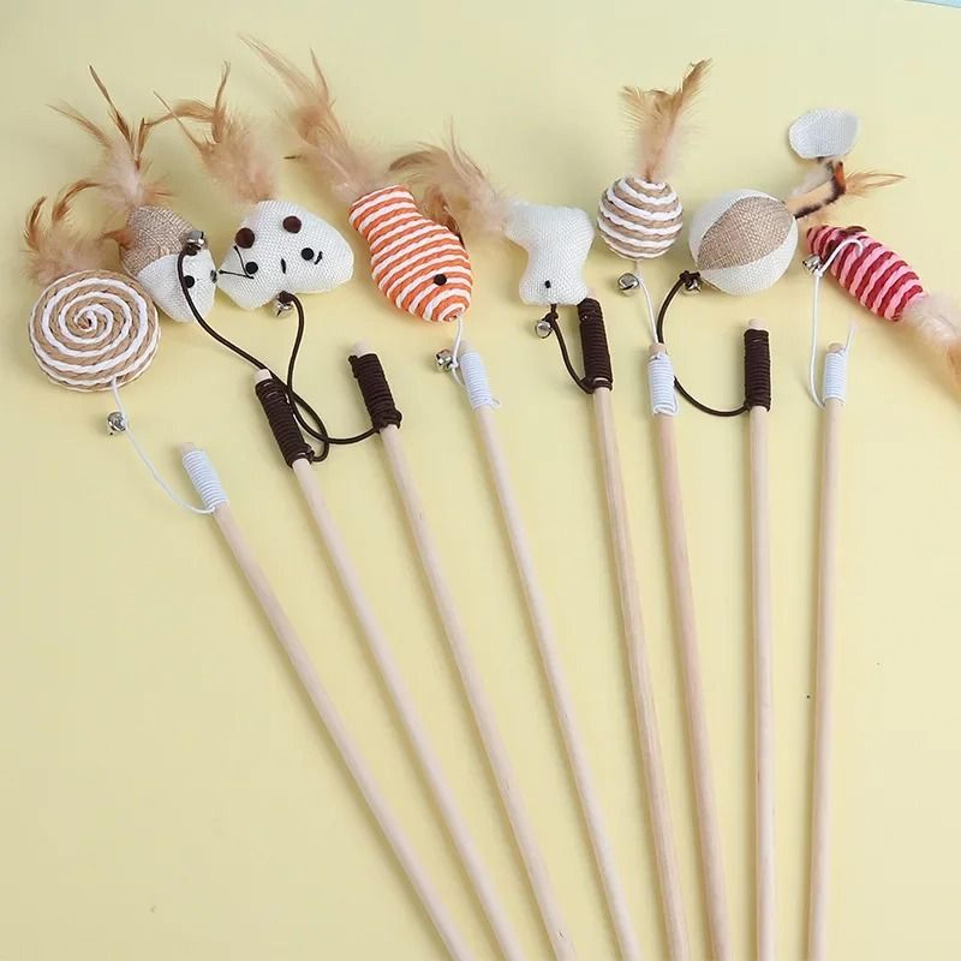whiskerchase wooden cat wand toy with feather, bell & mouse teaser