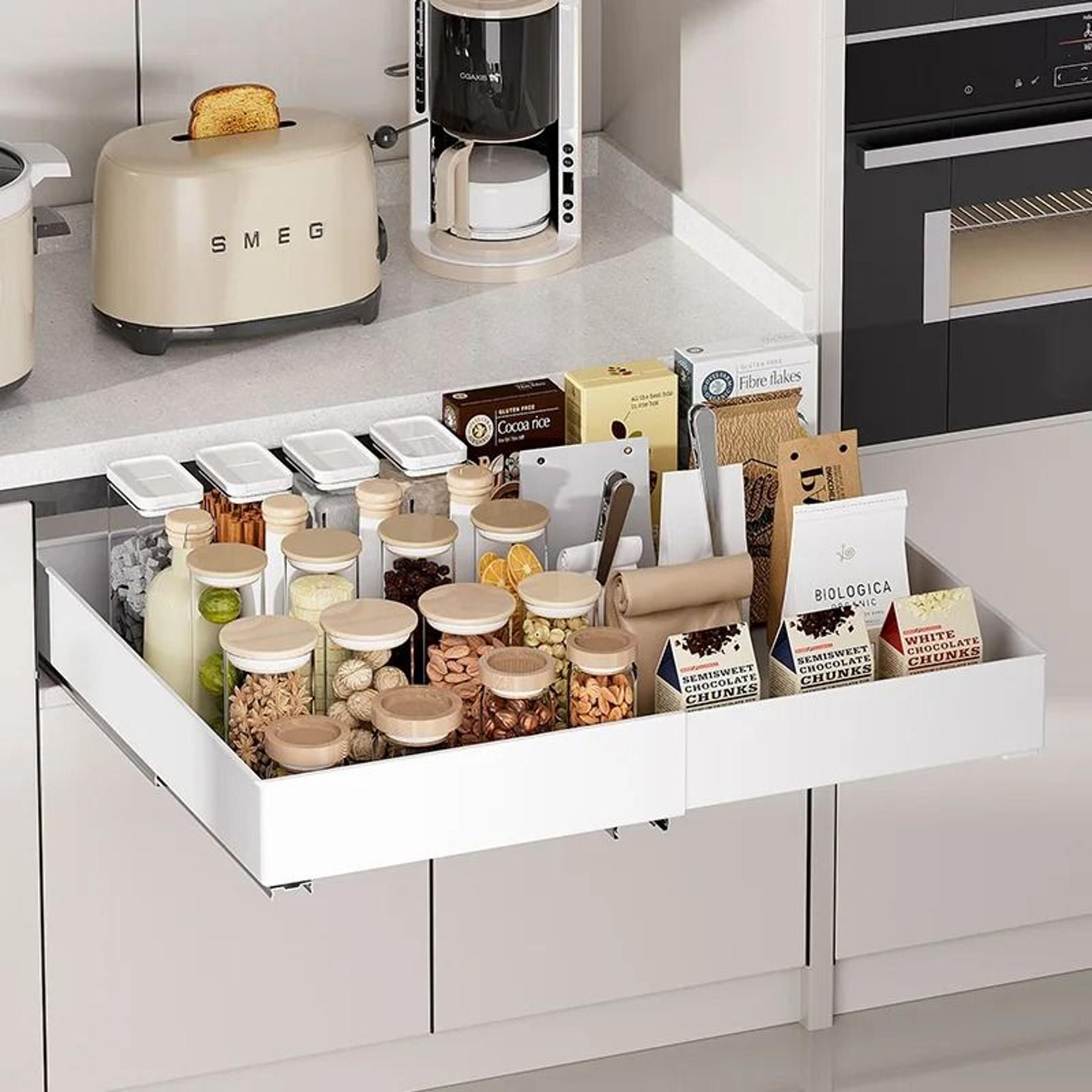 expandable pull out cabinet organizer drawer for kitchen cabinets, pantry, and bathroom storage