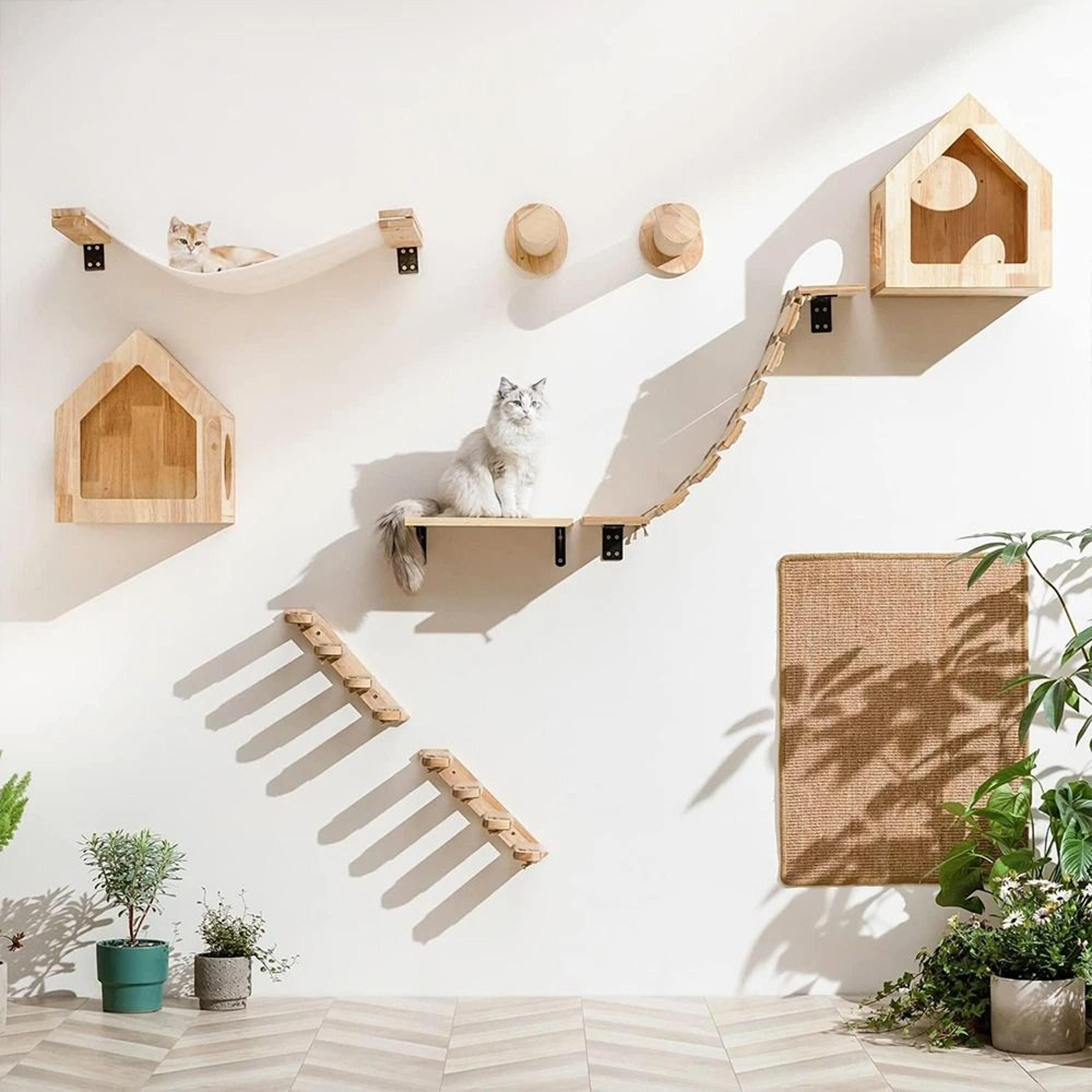 wall mounted cat climbing shelf set with scratching post, cat bed, hideaway house, and activity steps