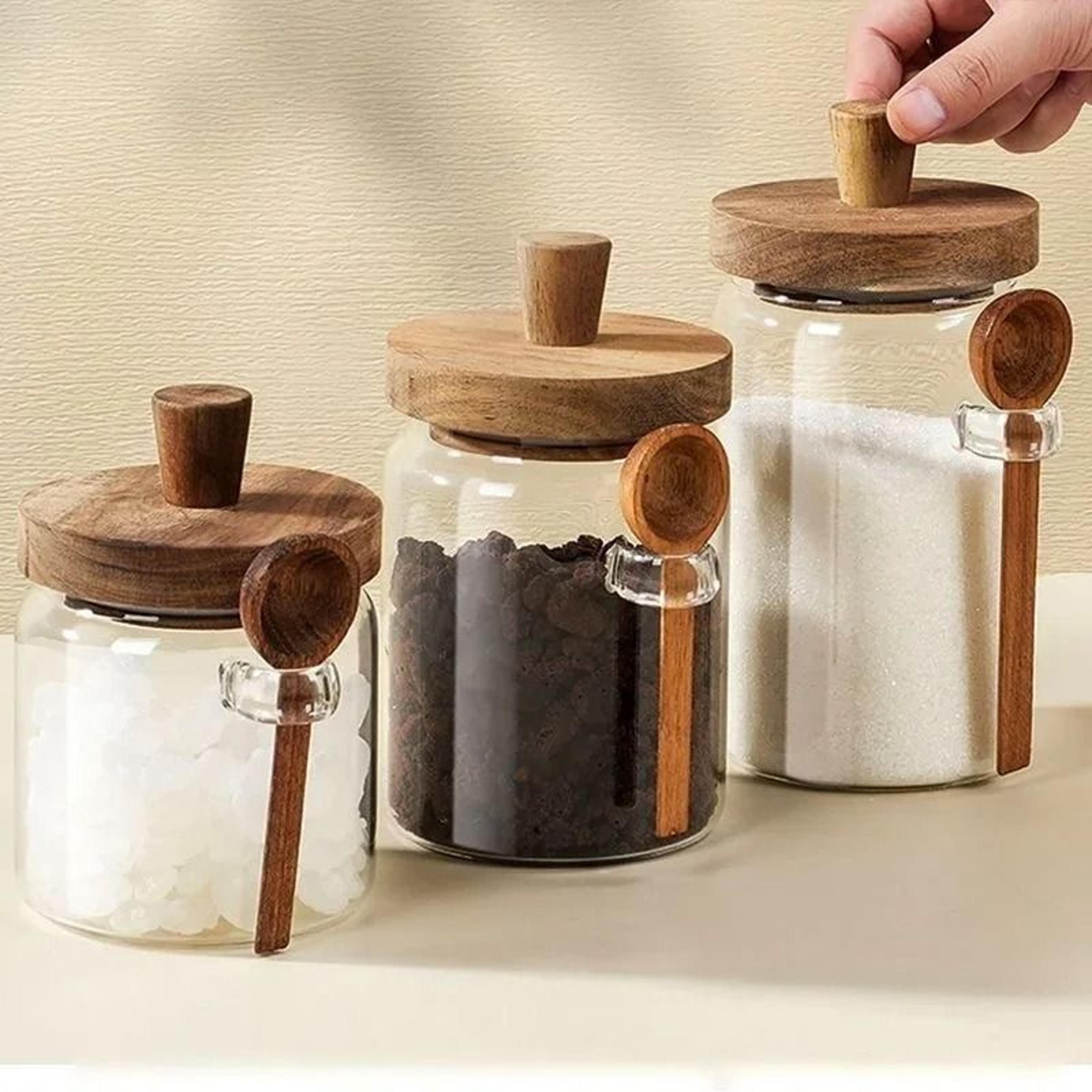 airtight glass food storage jar with spoon for coffee beans, grains & spices