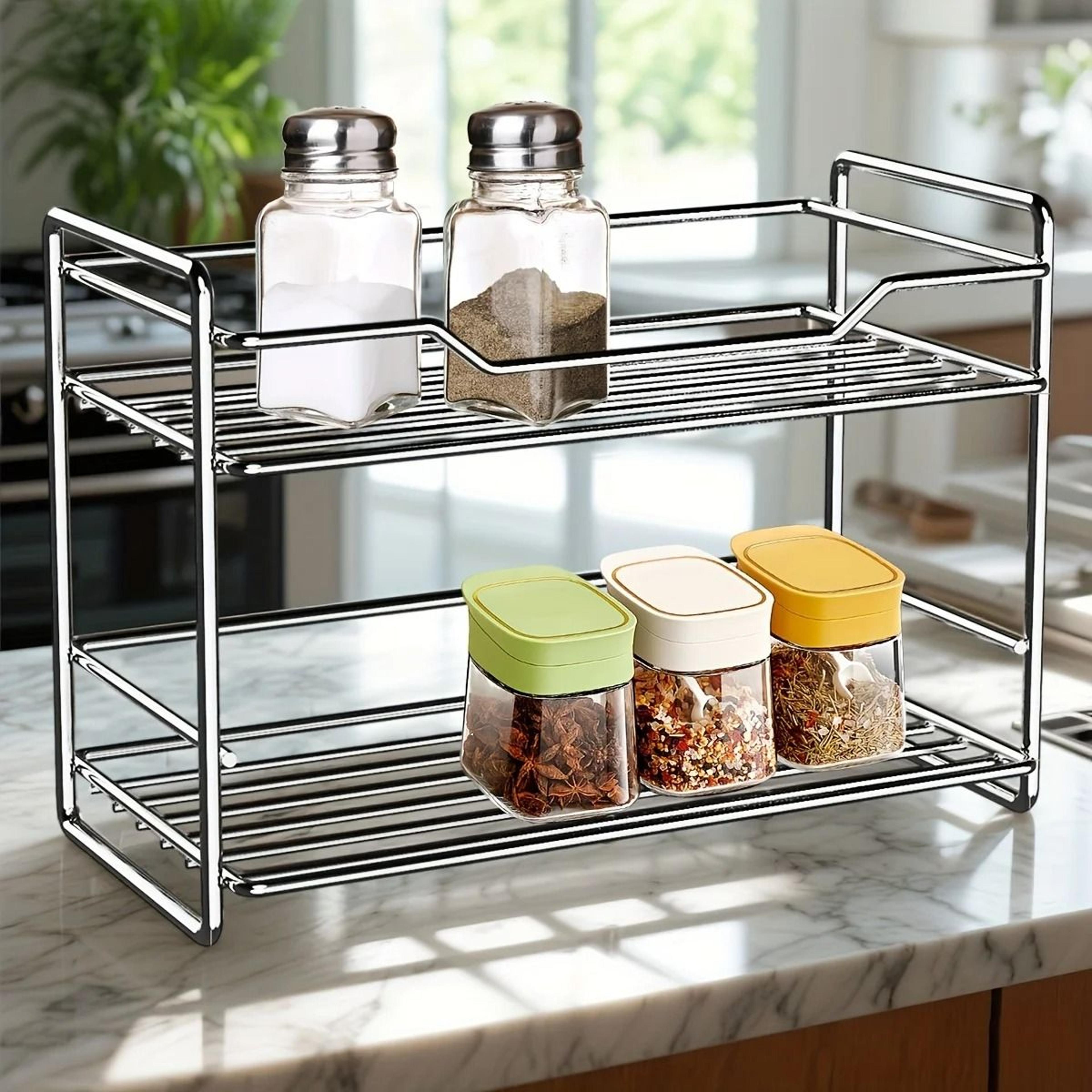 2 tier stainless steel countertop spice rack organizer shelf for kitchen and bathroom storage