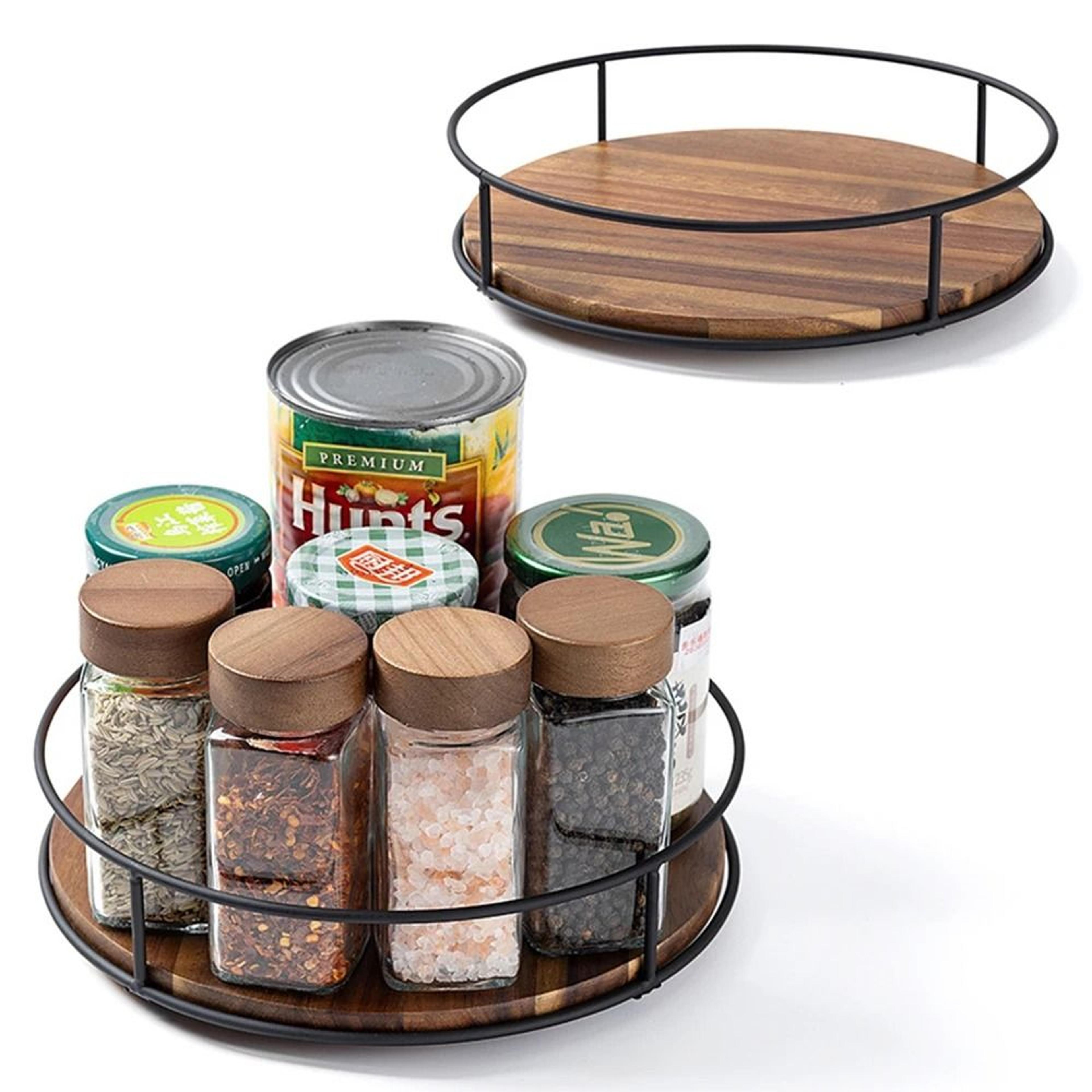 acacia wood lazy susan turntable with metal frame - rotating kitchen organizer & serving tray
