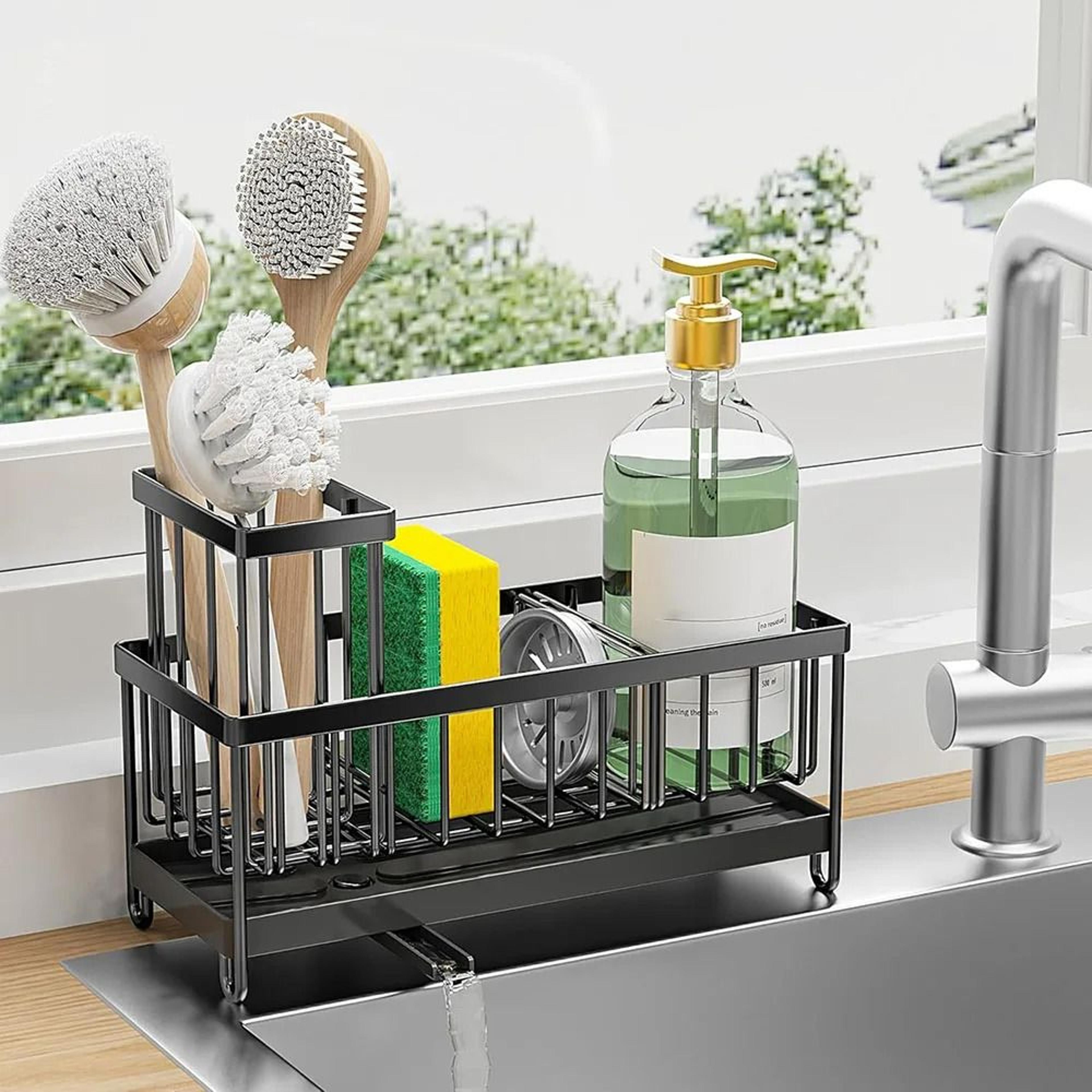 kitchen sink sponge holder caddy with brush organizer – sink caddy organizer for sponges, soap & cleaning tools