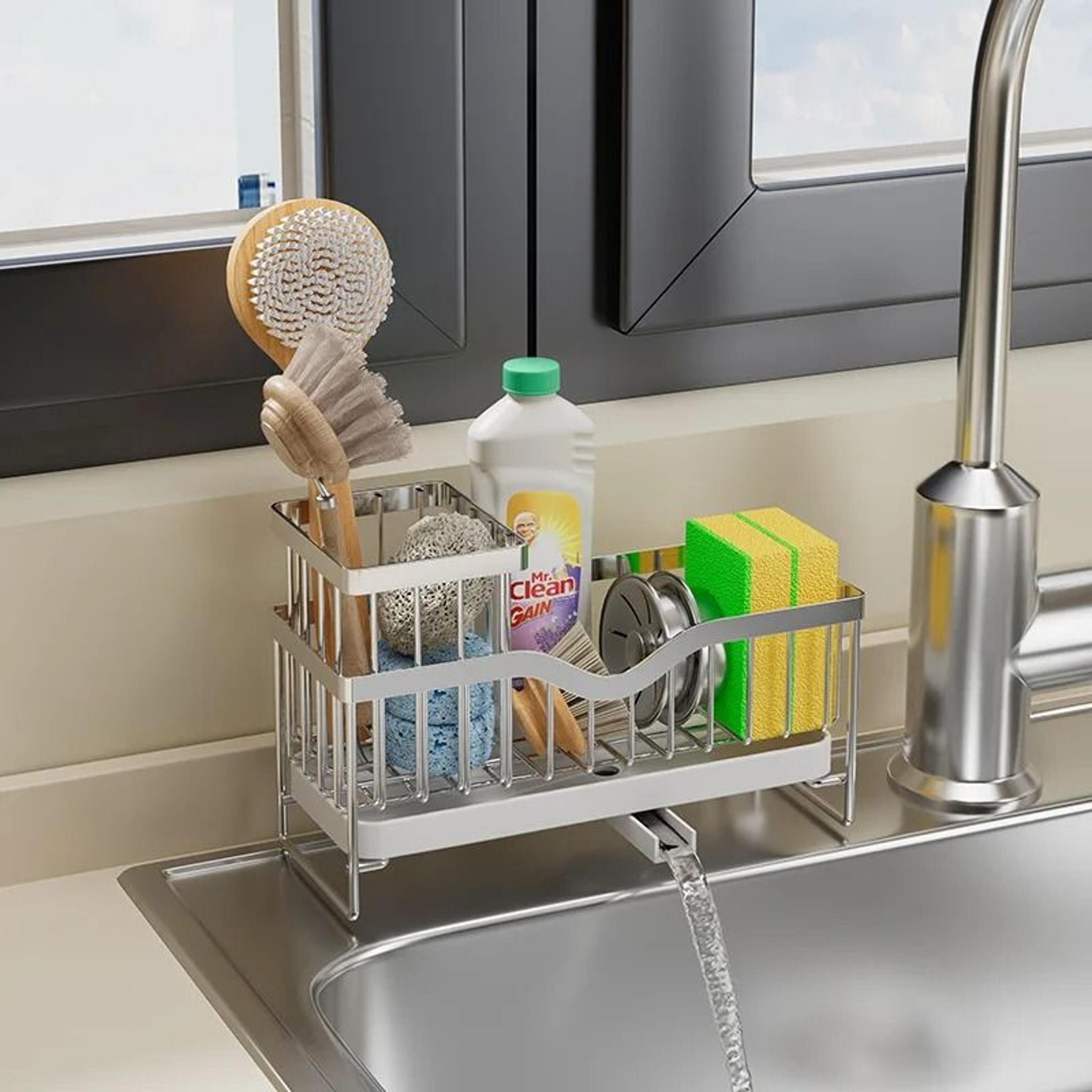 stainless steel sink caddy organizer with sponge holder, soap drainer, and towel rack