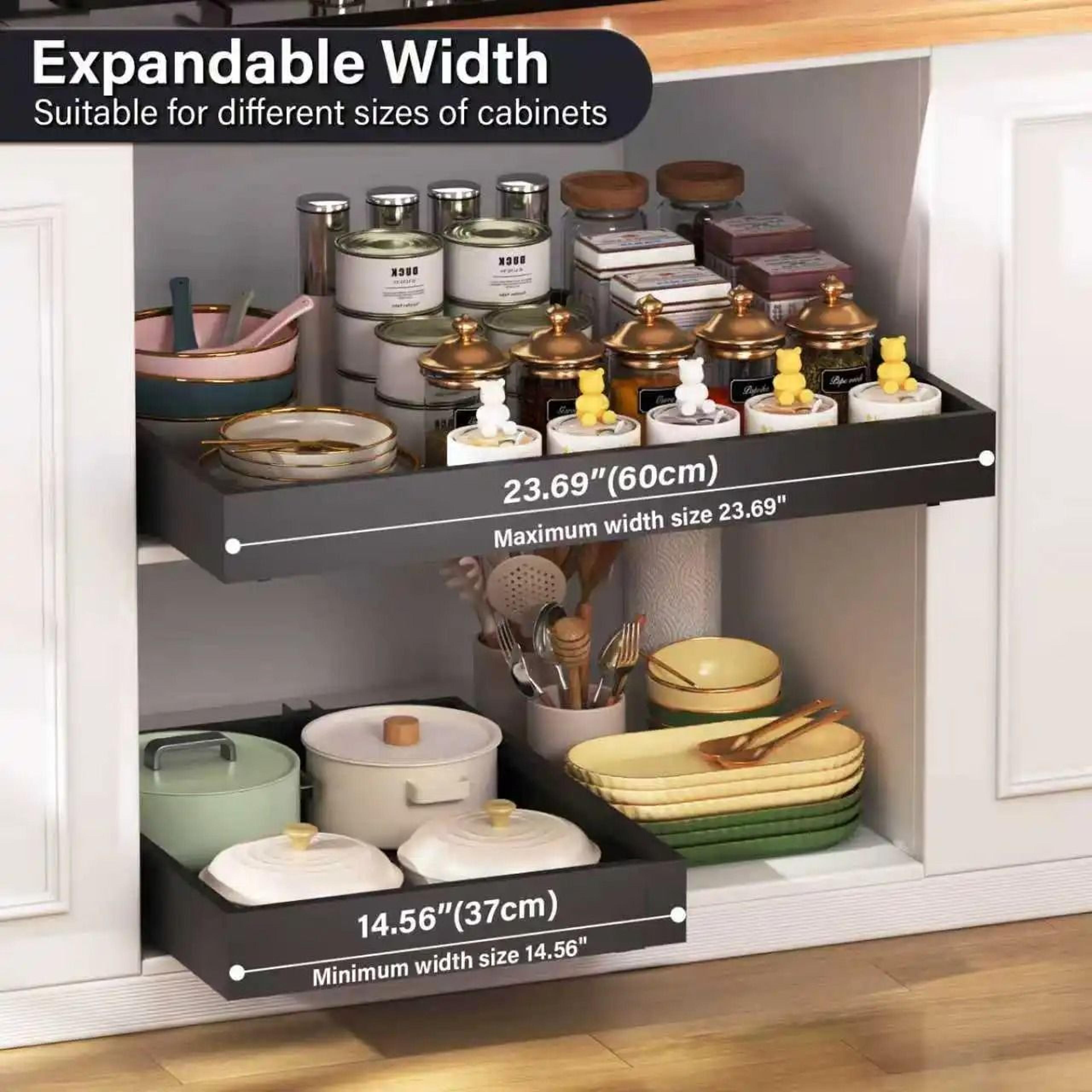 expandable pull-out cabinet organizer tray with smooth sliding storage rack for kitchen and under-sink organization