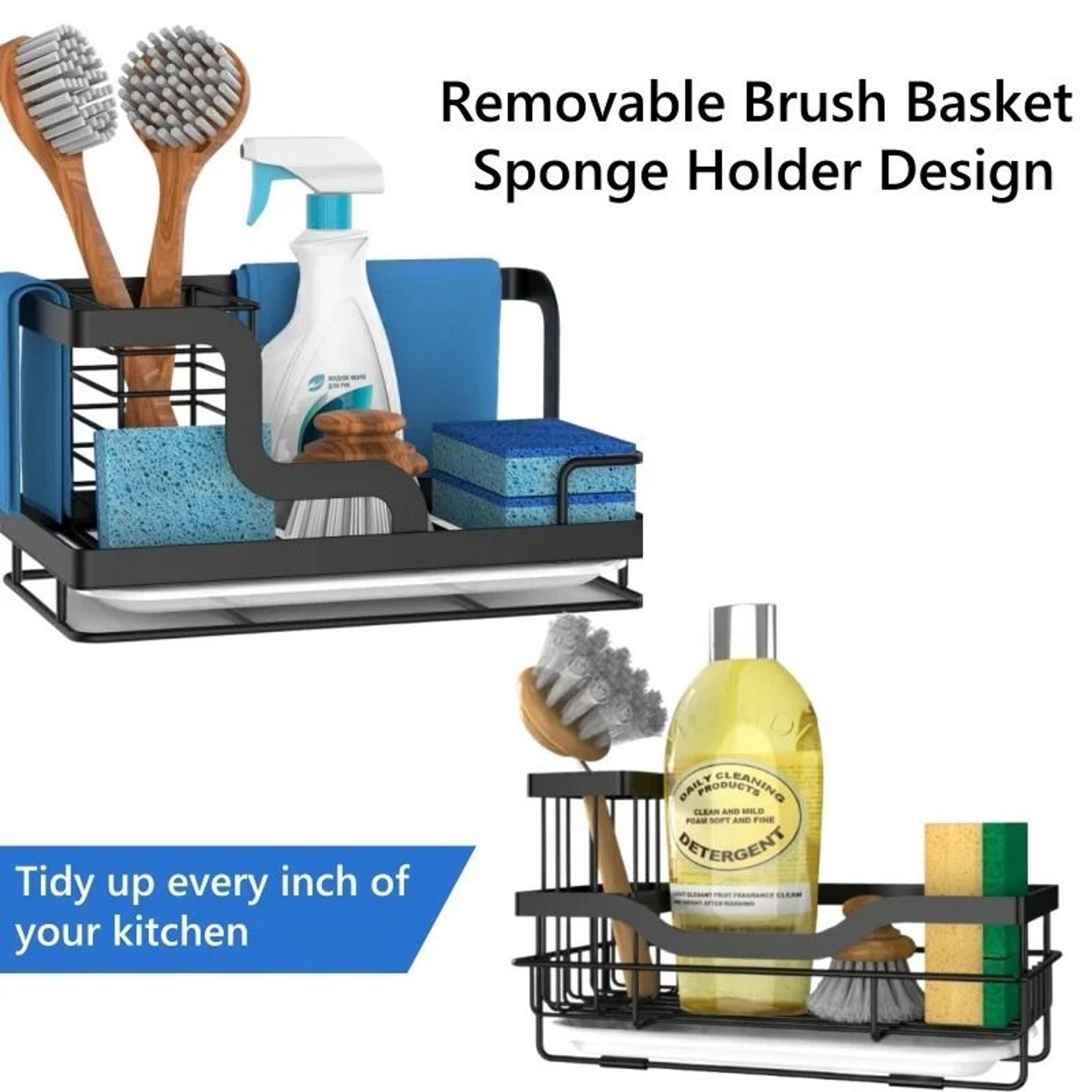 stainless steel cleaning tools storage holder with drain rack for kitchen, bathroom, and utility room organization