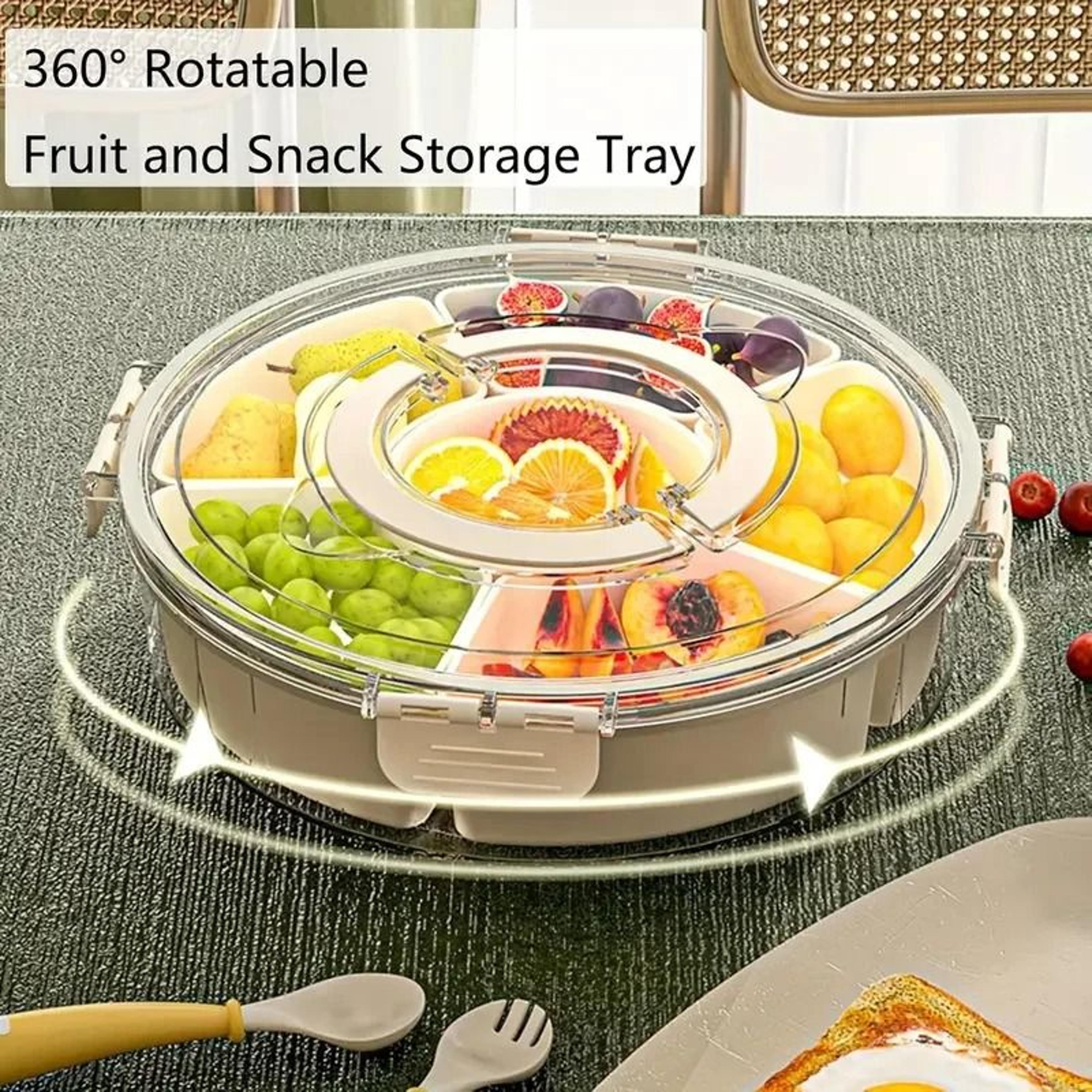 divided rotating snack serving tray with lid and handle