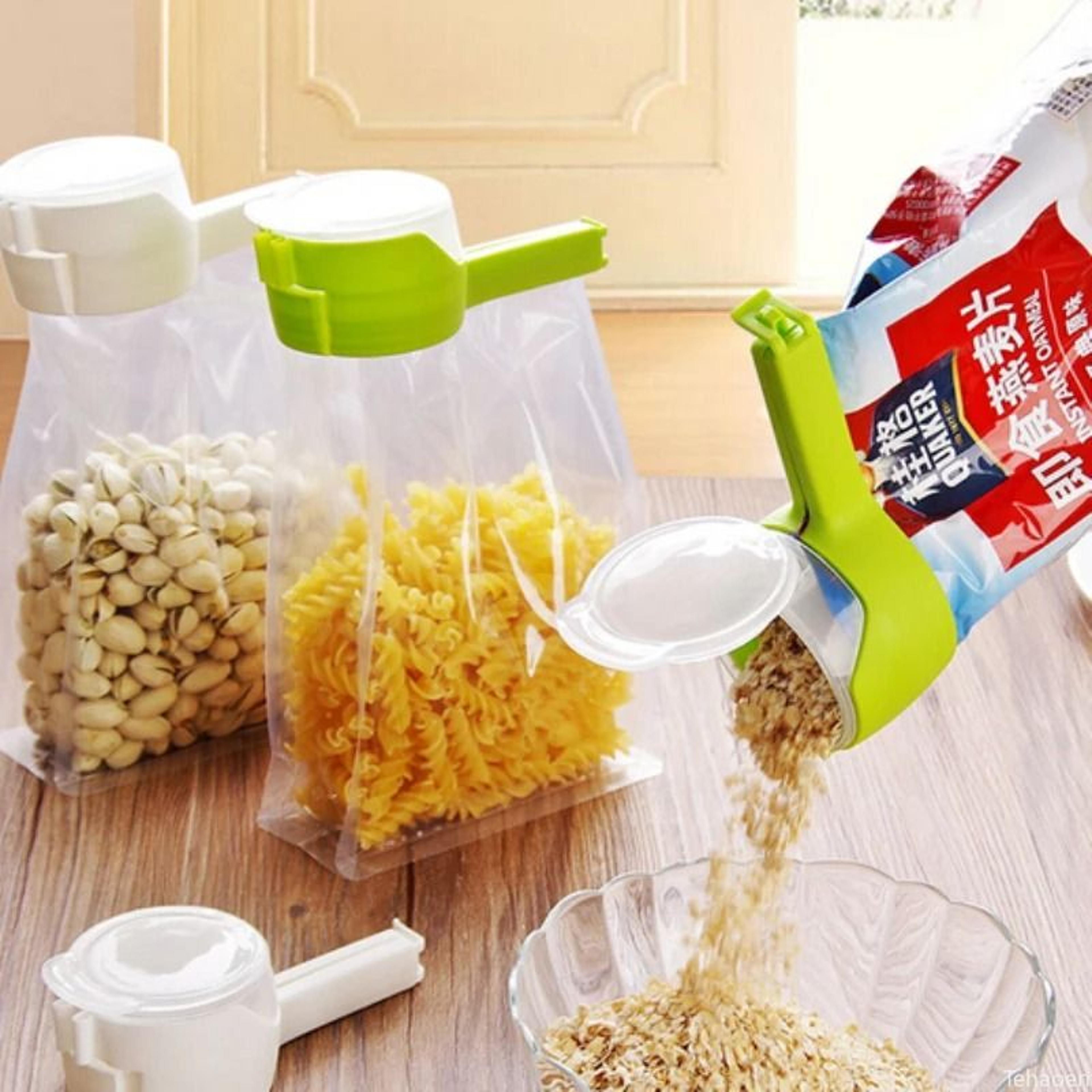 food bag sealing clip with dispensing spout for freshness & easy pouring