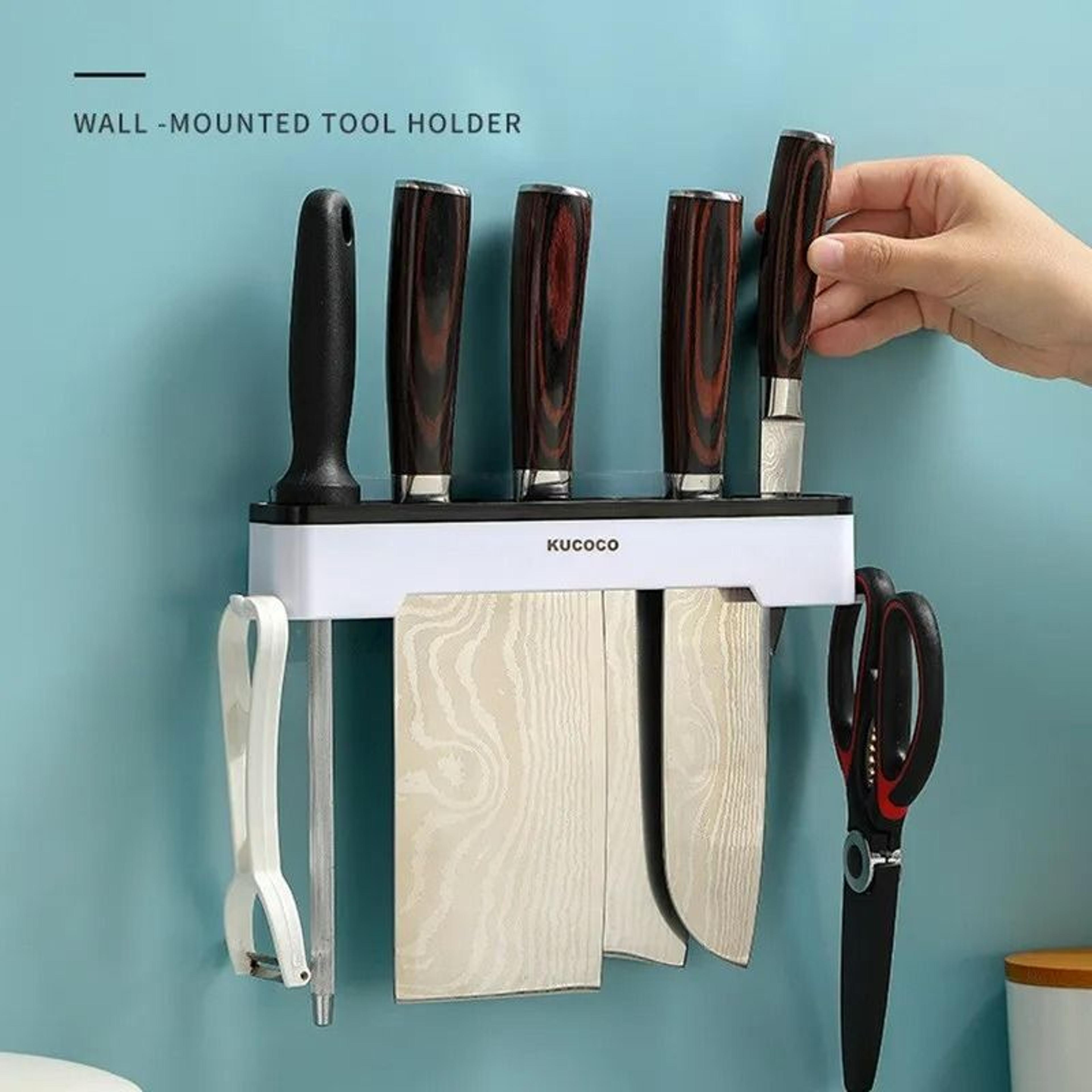 wall mounted kitchen knife & cutlery organizer rack with multifunction storage